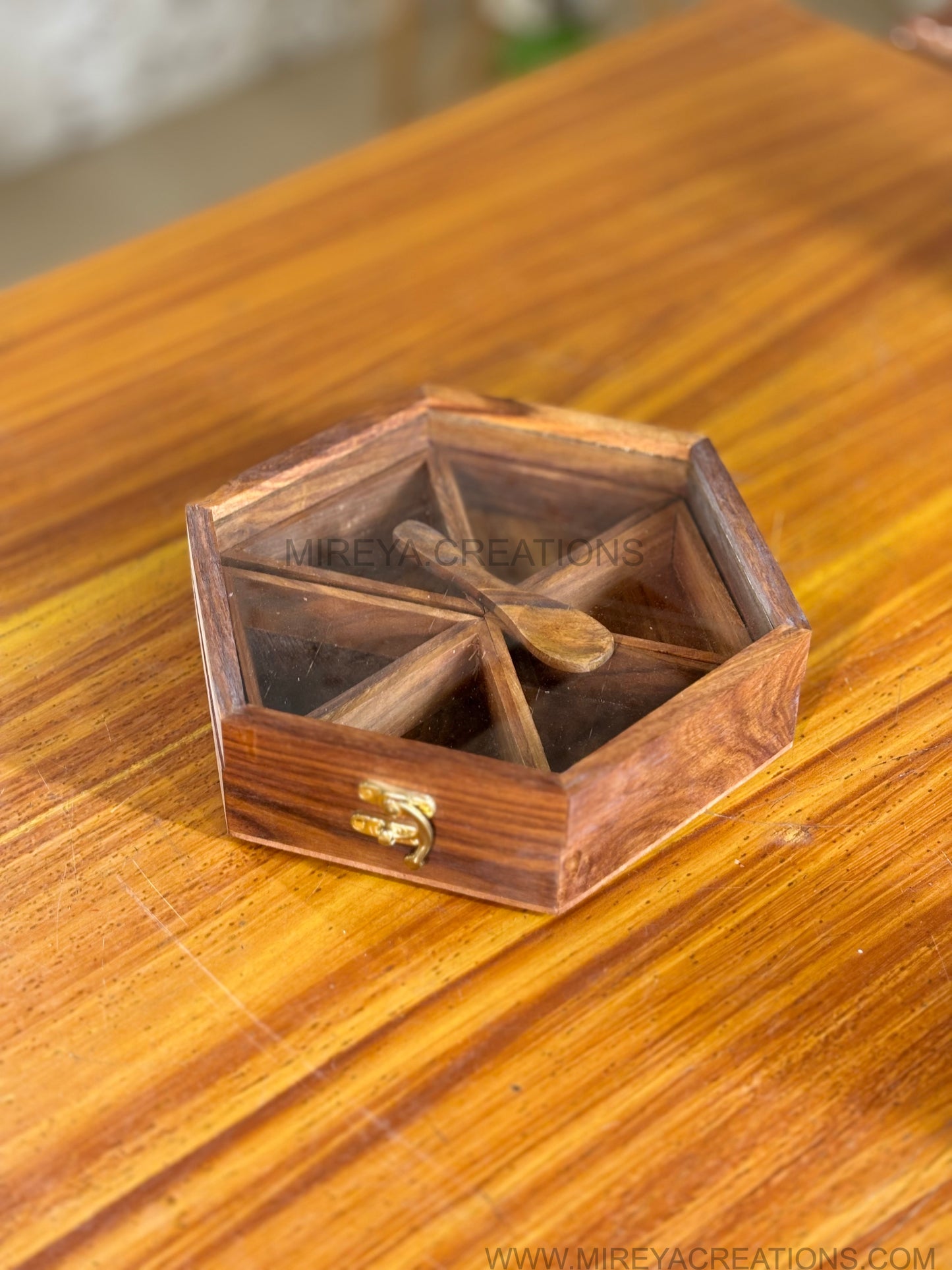 Hexagon Wooden Spice Box & Hammered Brass Mug Gift Set Return Gift | Premium Kitchen Hamper in Mint Green Floral Box | Wedding & Housewarming Favor Under ₹1700