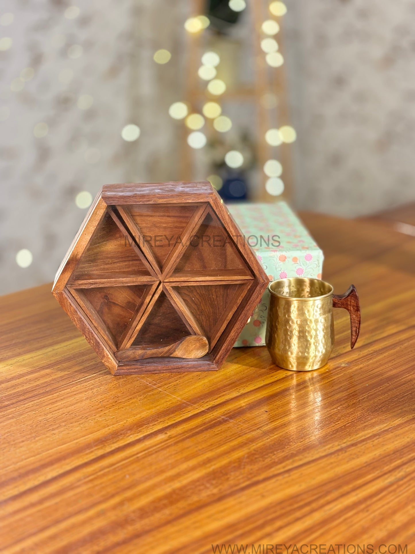 Hexagon Wooden Spice Box & Hammered Brass Mug Gift Set Return Gift | Premium Kitchen Hamper in Mint Green Floral Box | Wedding & Housewarming Favor Under ₹1700