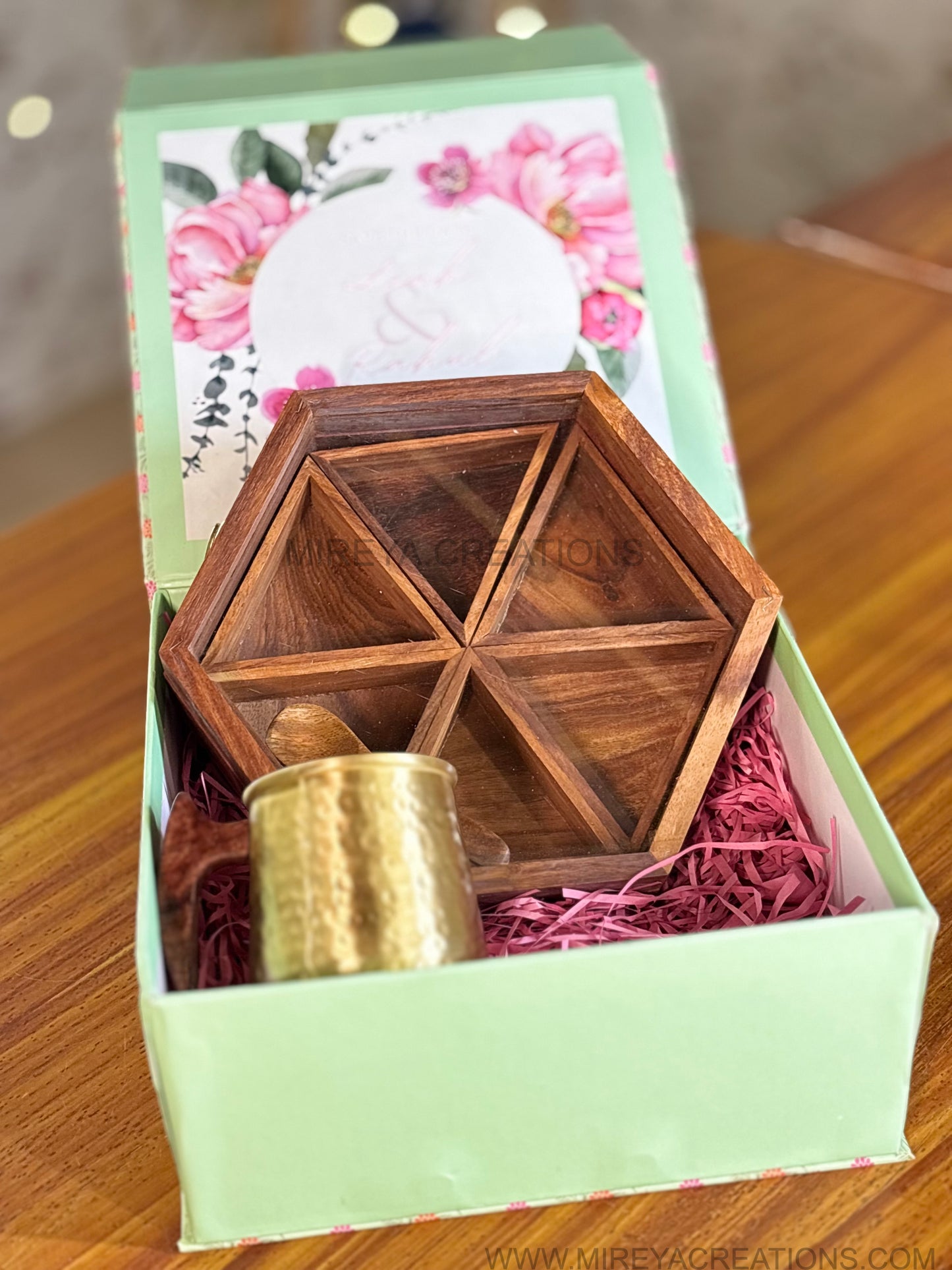 Hexagon Wooden Spice Box & Hammered Brass Mug Gift Set Return Gift | Premium Kitchen Hamper in Mint Green Floral Box | Wedding & Housewarming Favor Under ₹1700