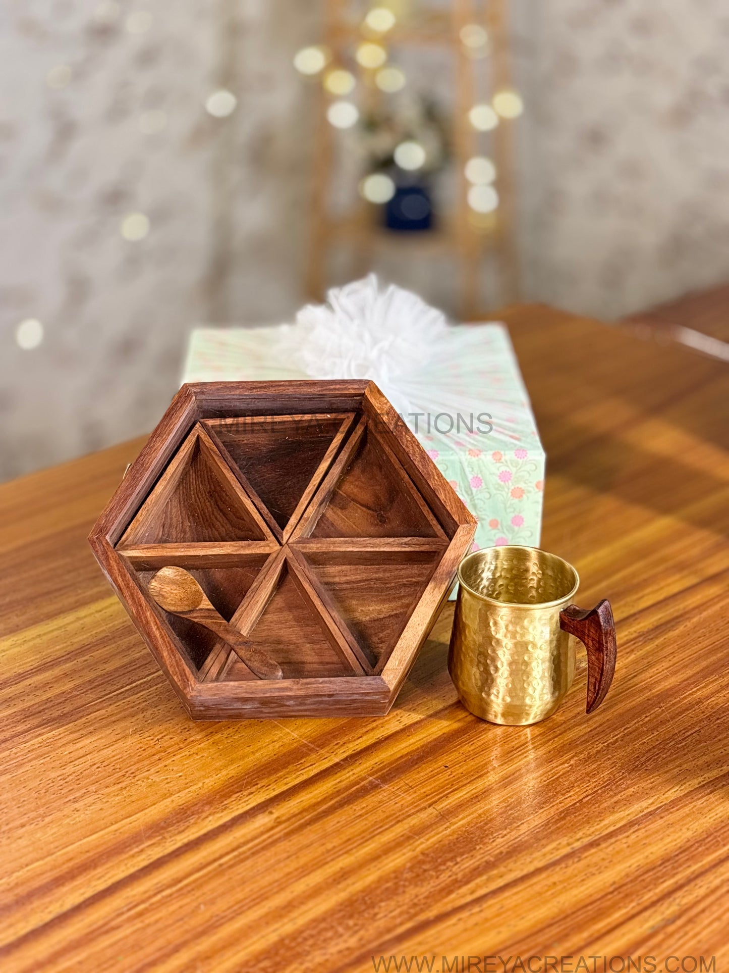 Hexagon Wooden Spice Box & Hammered Brass Mug Gift Set Return Gift | Premium Kitchen Hamper in Mint Green Floral Box | Wedding & Housewarming Favor Under ₹1700