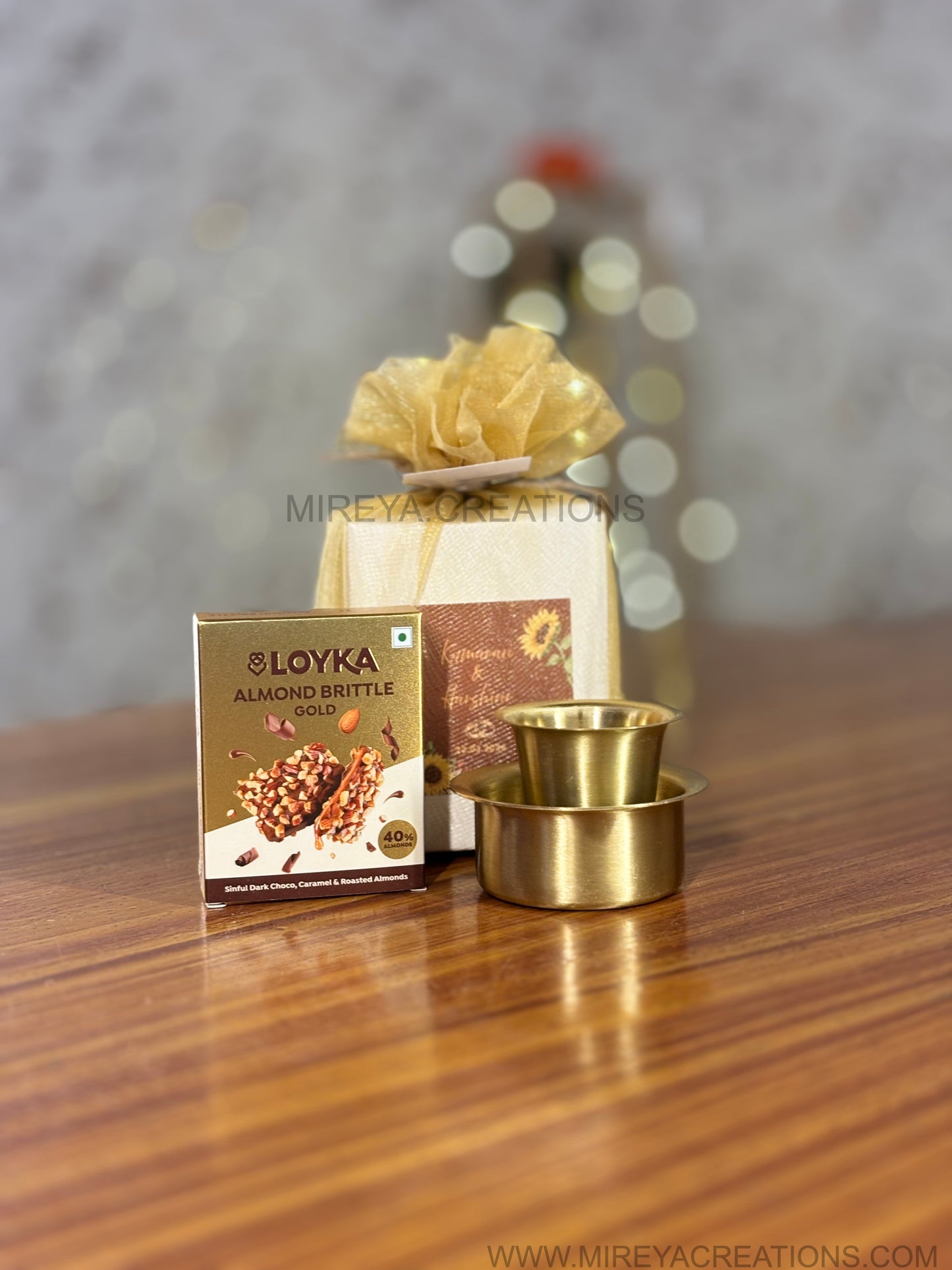 Brass Dabara Set Return Gift | Loyka Almond Brittle Gold Combo Gift Set | Wedding & Festive Favor Under ₹500