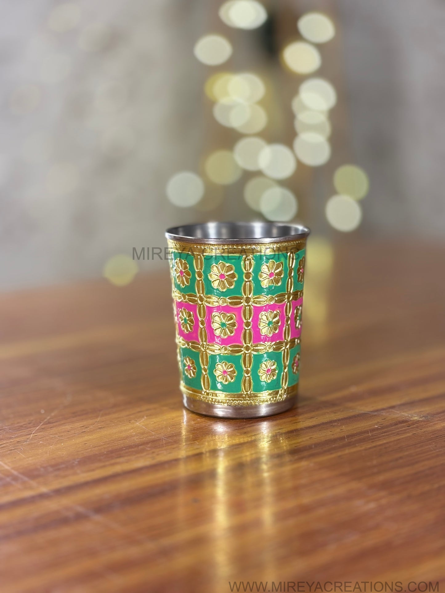 Green & Pink Meenakari Printed Stainless Steel Glass Return Gift | Decorative Meenakari Steel Drinkware | Wedding & Housewarming Favor Under ₹200