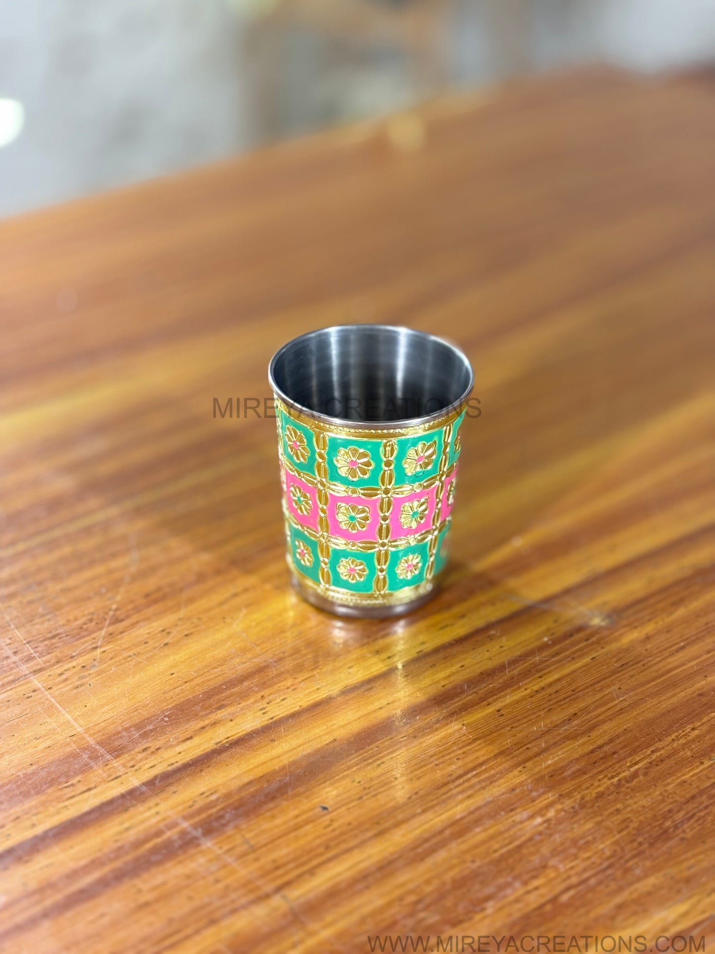 Green & Pink Meenakari Printed Stainless Steel Glass Return Gift | Decorative Meenakari Steel Drinkware | Wedding & Housewarming Favor Under ₹200
