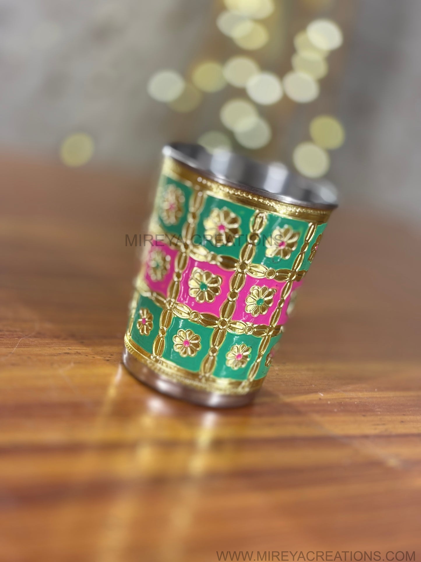 Green & Pink Meenakari Printed Stainless Steel Glass Return Gift | Decorative Meenakari Steel Drinkware | Wedding & Housewarming Favor Under ₹200