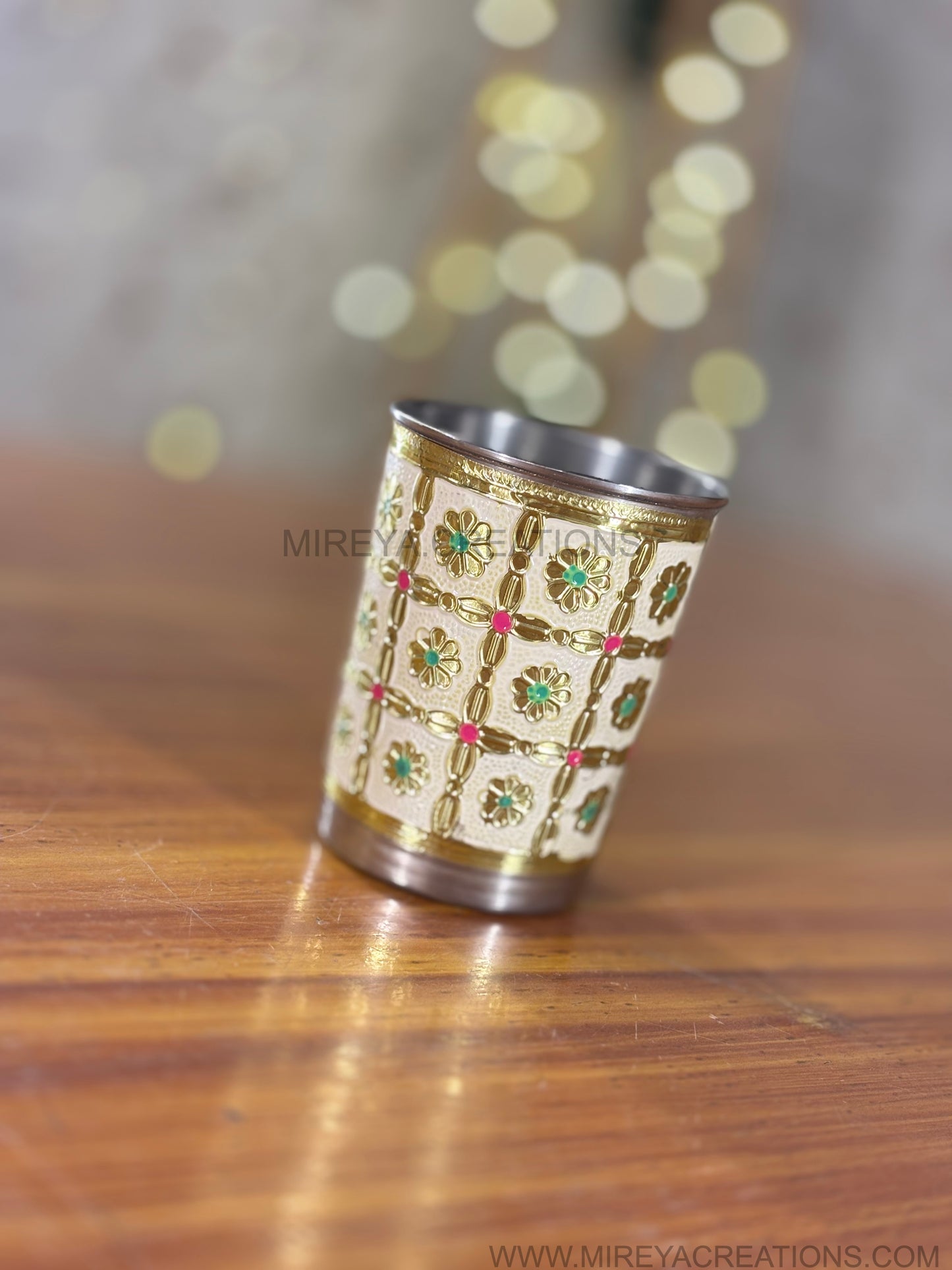 Meenakari Steel Glass Gift Set Return Gift | Ivory Floral Favor Box with Organza Bow | Wedding & Festive Favor Under ₹200