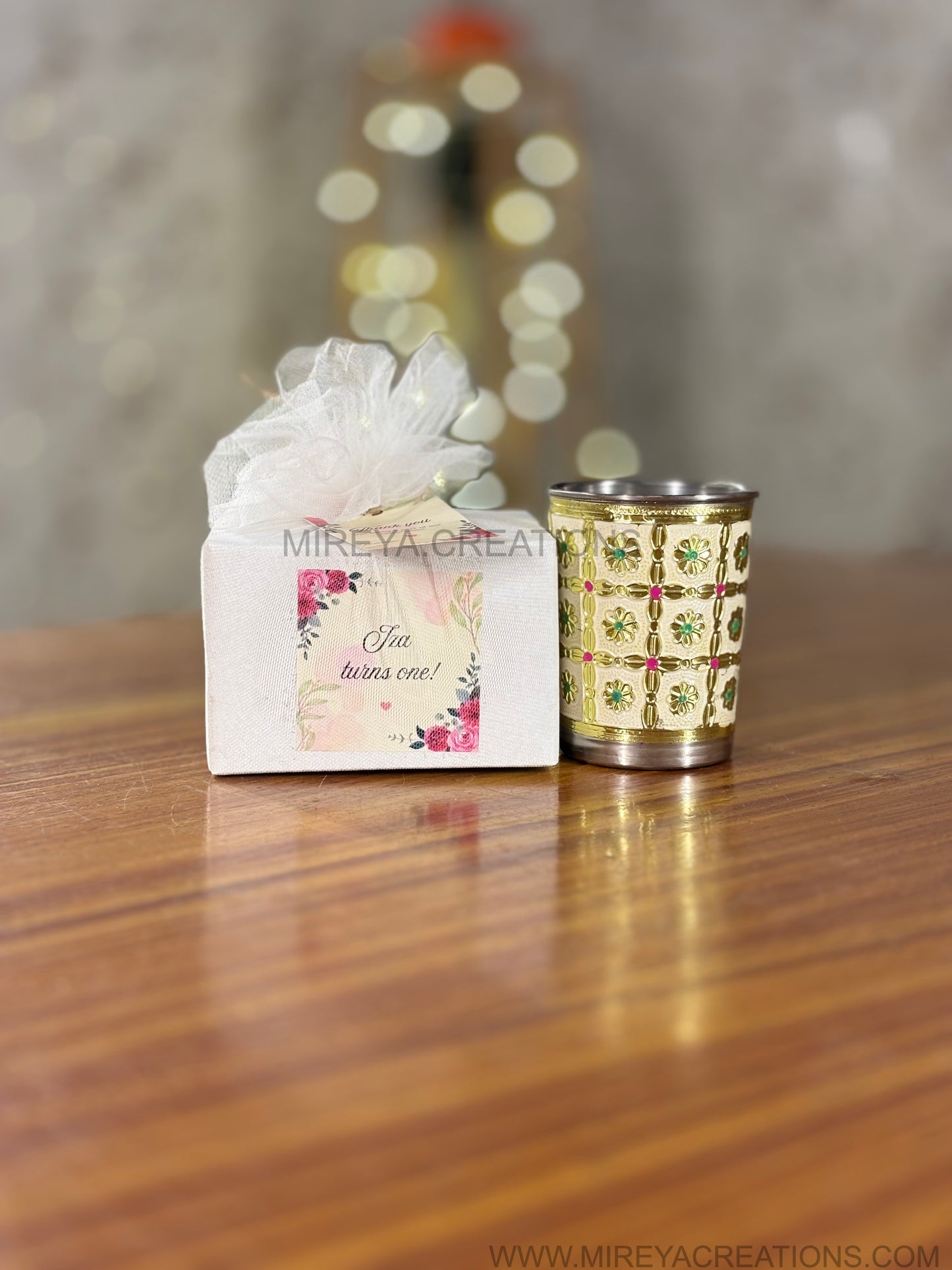 Meenakari Steel Glass Gift Set Return Gift | Ivory Floral Favor Box with Organza Bow | Wedding & Festive Favor Under ₹200