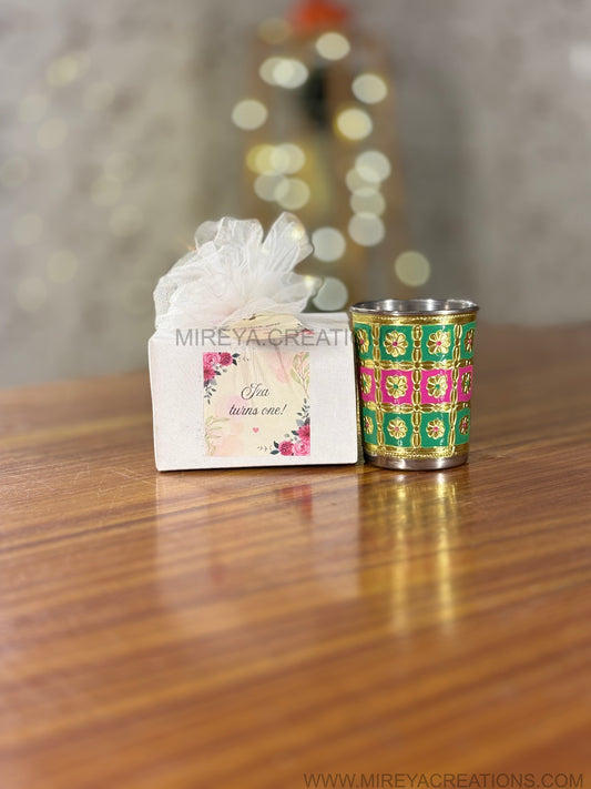 Green & Pink Meenakari Printed Stainless Steel Glass Return Gift | Decorative Meenakari Steel Drinkware | Wedding & Housewarming Favor Under ₹200