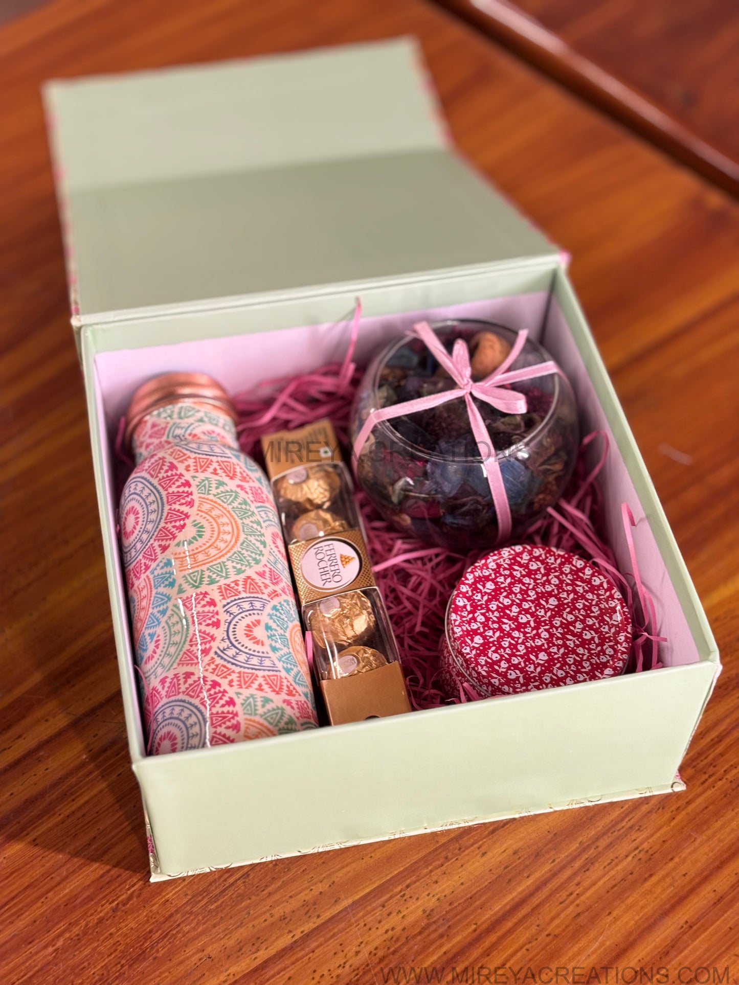 Printed Copper Bottle Hamper Return Gift | Tin Candle, Ferrero Rocher & Potpourri Bowl Combo | Wedding & Festive Favor Under ₹1500