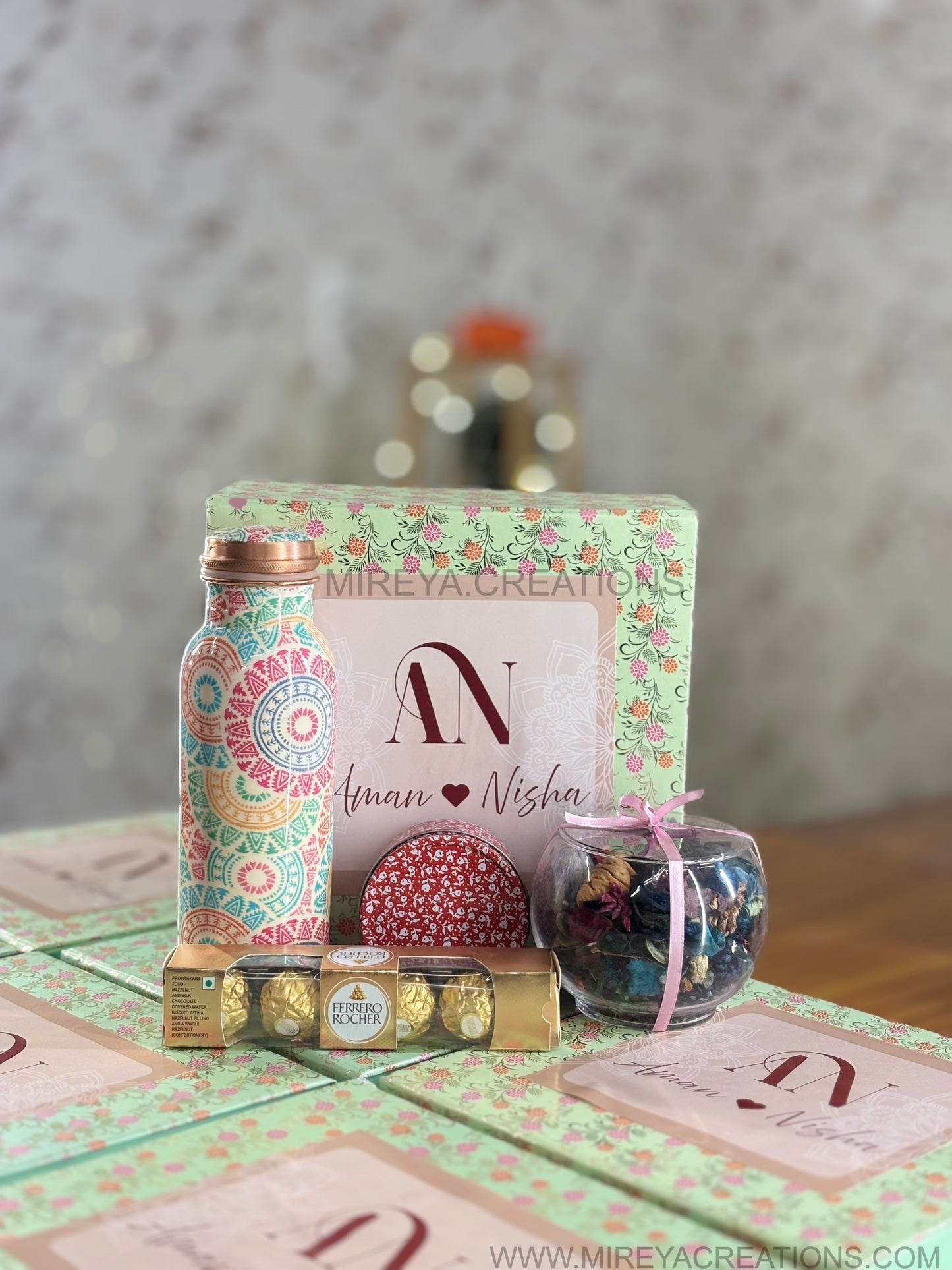 Printed Copper Bottle Hamper Return Gift | Tin Candle, Ferrero Rocher & Potpourri Bowl Combo | Wedding & Festive Favor Under ₹1500