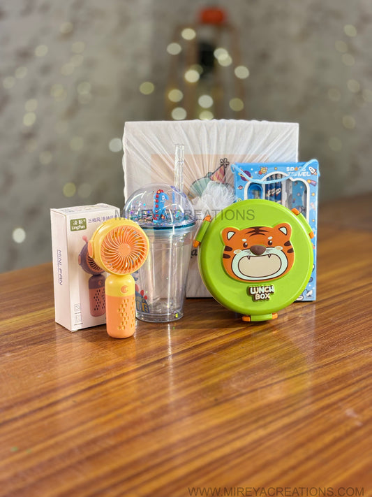 Kids Utility Gift Set Return Gift | Dome Sipper, Mini Fan, Stationery & Lunch Box Combo | Birthday & School Favor Under ₹1100