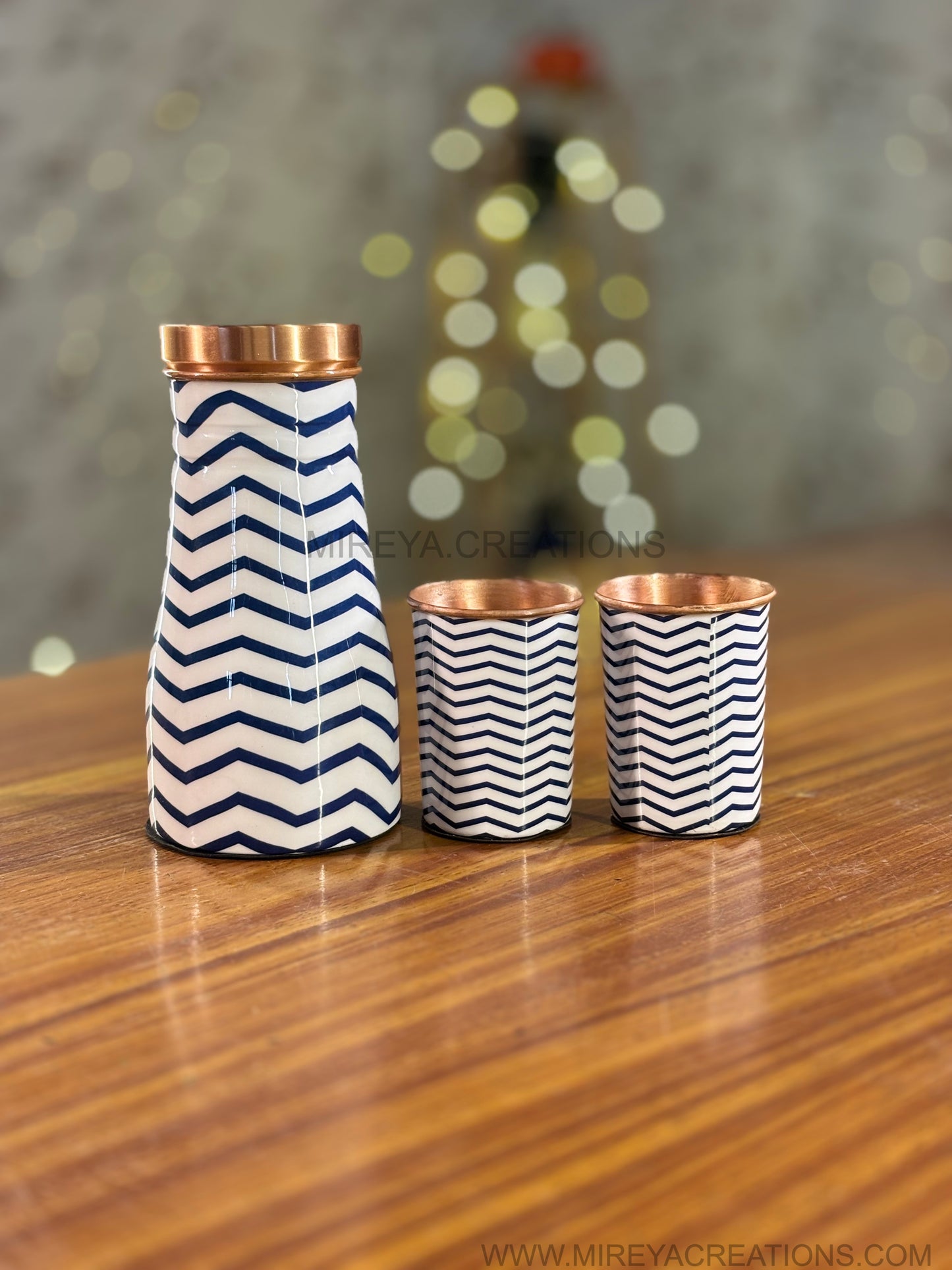 Printed Copper Bottle & Glasses Gift Set Return Gift | Zigzag Enamel Finish Bottle with Matching Glasses | Wedding & Festive Favor Under ₹1700
