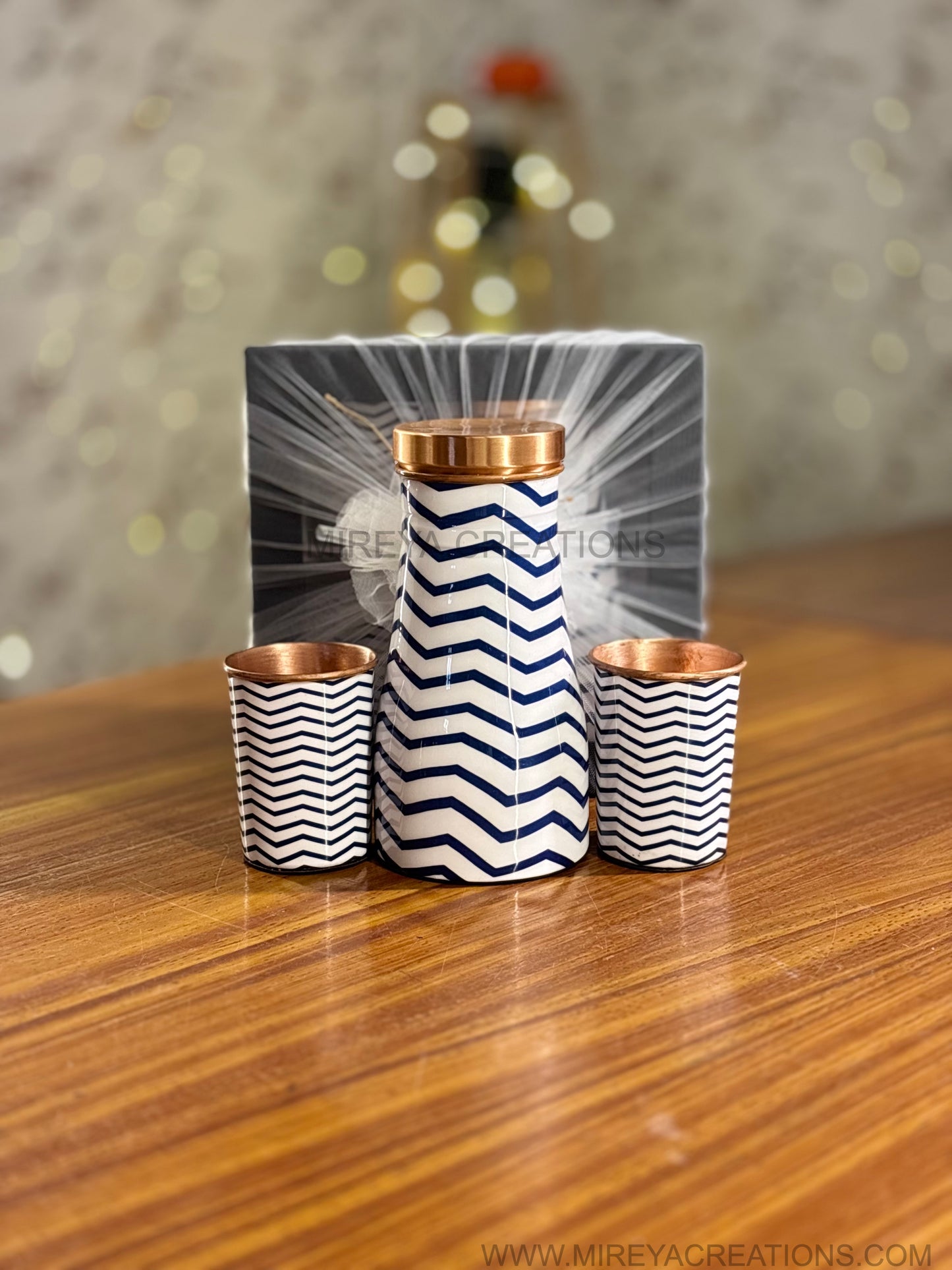 Printed Copper Bottle & Glasses Gift Set Return Gift | Zigzag Enamel Finish Bottle with Matching Glasses | Wedding & Festive Favor Under ₹1700