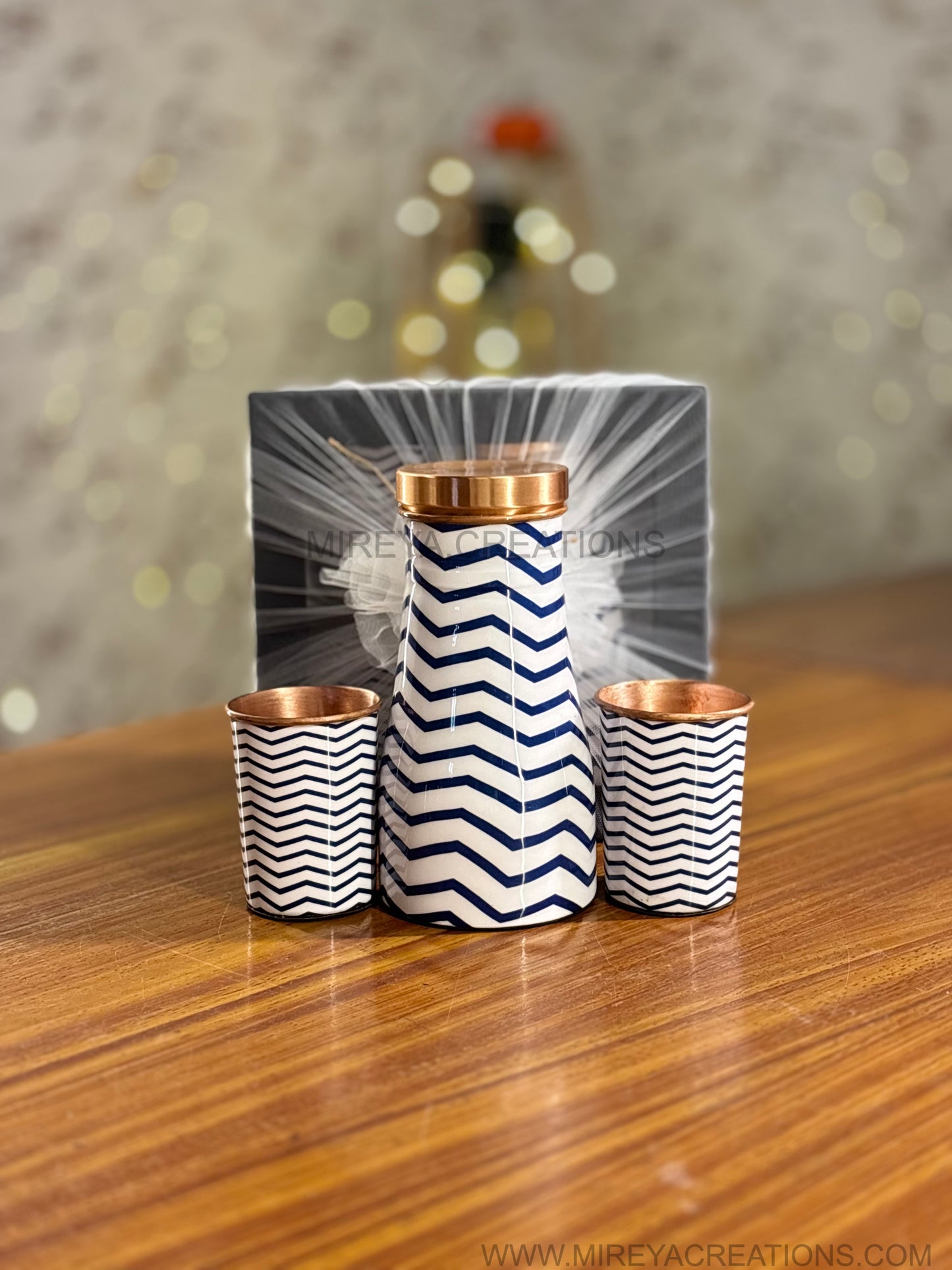 Printed Copper Bottle & Glasses Gift Set Return Gift | Zigzag Enamel Finish Bottle with Matching Glasses | Wedding & Festive Favor Under ₹1700
