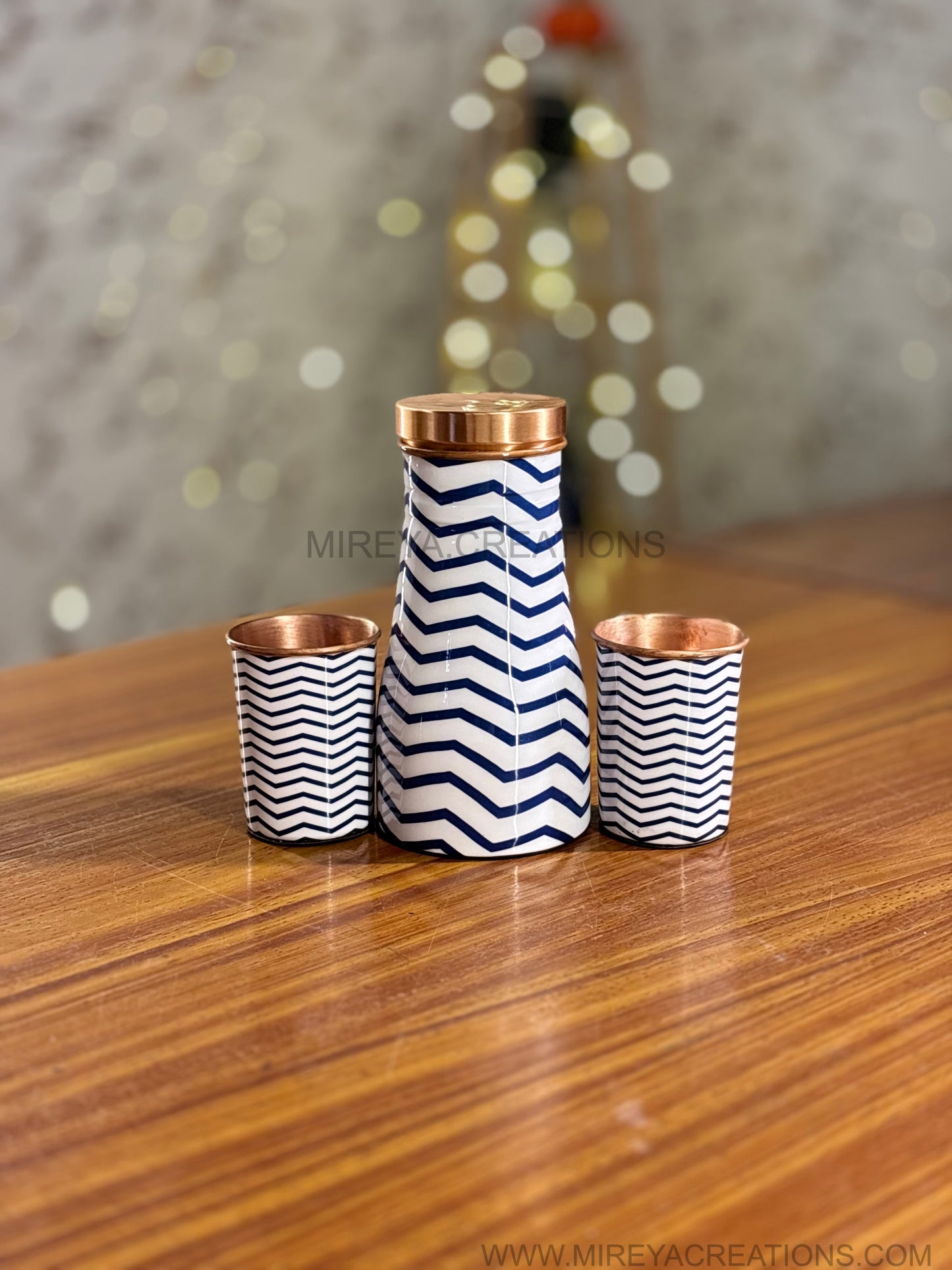 Printed Copper Bottle & Glasses Gift Set Return Gift | Zigzag Enamel Finish Bottle with Matching Glasses | Wedding & Festive Favor Under ₹1700