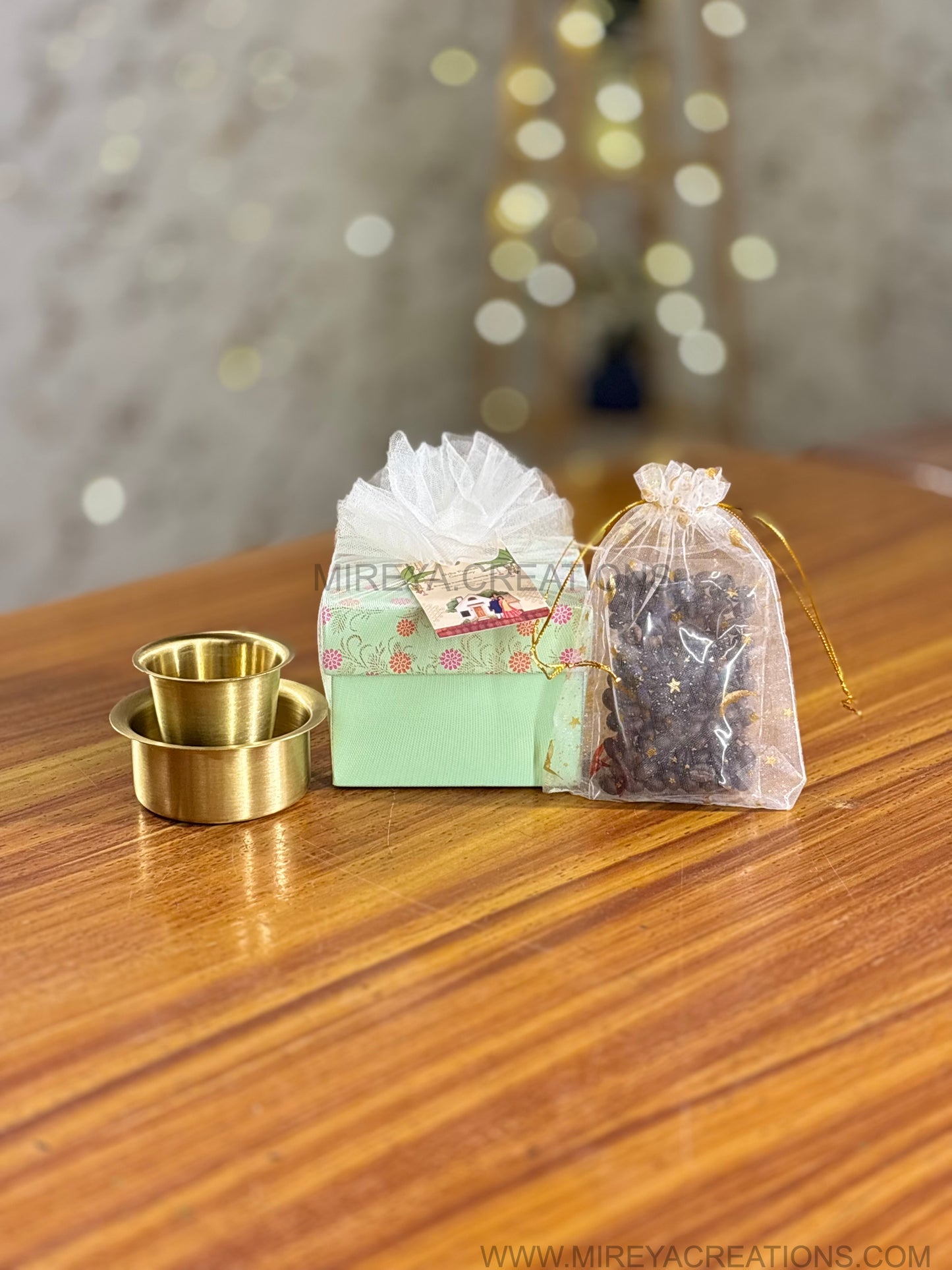 Mini Brass Dabara Tumbler Coffee Set Return Gift | Filter Coffee Gift Set with Bean Potli in Mint Floral Box | Wedding & Housewarming Favor Under ₹600