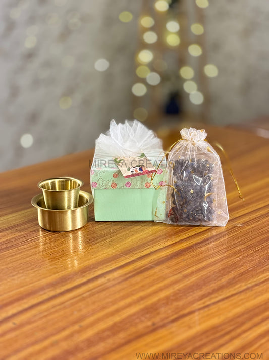 Mini Brass Dabara Tumbler Coffee Set Return Gift | Filter Coffee Gift Set with Bean Potli in Mint Floral Box | Wedding & Housewarming Favor Under ₹600