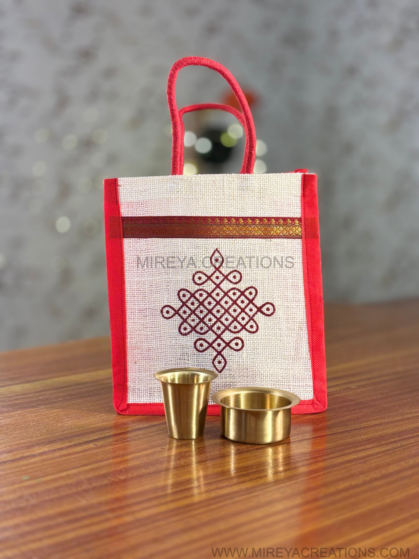 Mini Brass Dabara Tumbler Set Return Gift | Traditional Coffee Set with Invitation Card in Kolam Jute Bag | Wedding & Housewarming Favor Under ₹