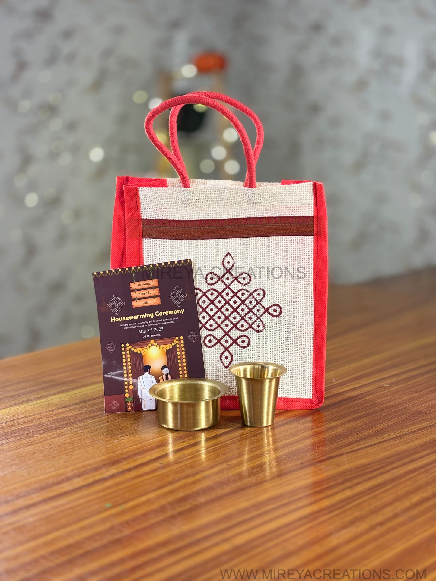 Mini Brass Dabara Tumbler Set Return Gift | Traditional Coffee Set with Invitation Card in Kolam Jute Bag | Wedding & Housewarming Favor Under ₹