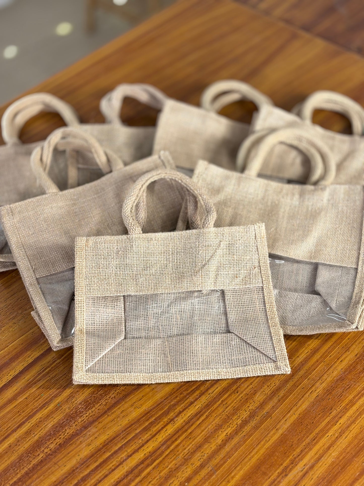 Plain Jute Bag with Transparent Window | Small Jute Return Gift Bag | Party Favor & Wedding Keepsake