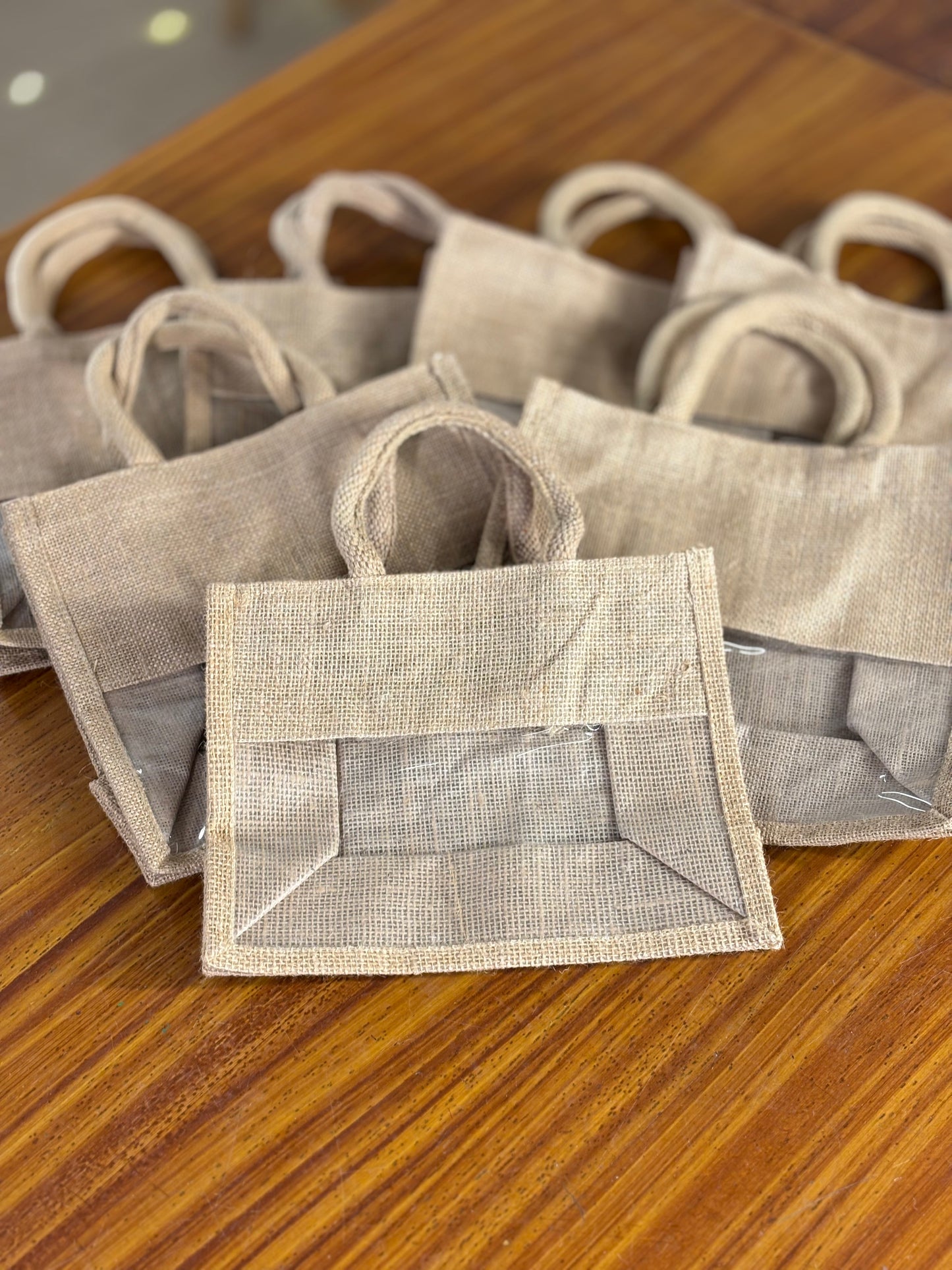 Plain Jute Bag with Transparent Window | Small Jute Return Gift Bag | Party Favor & Wedding Keepsake
