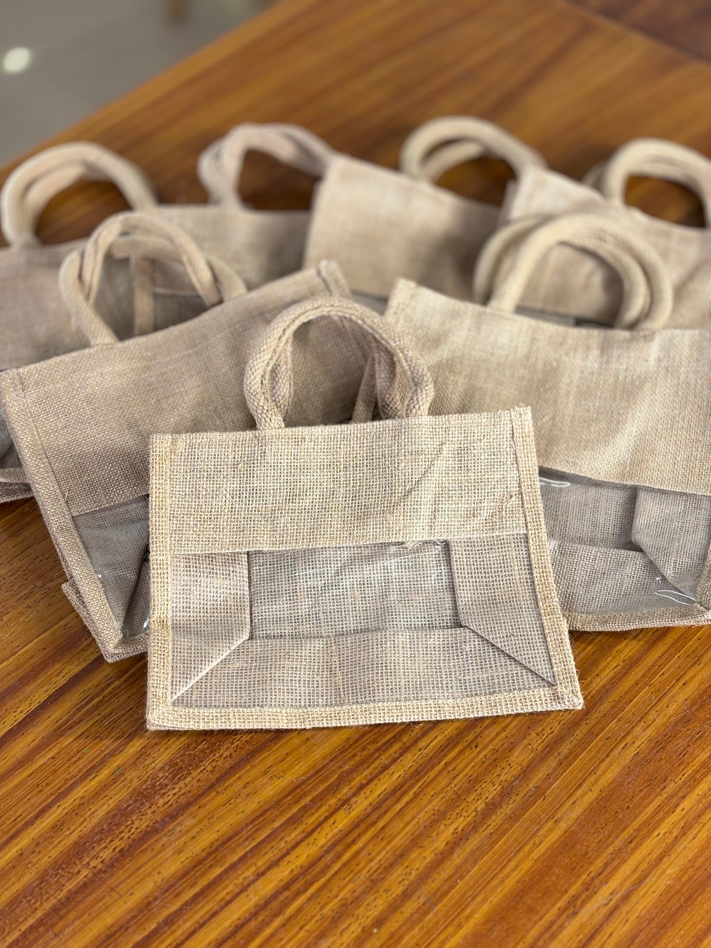 Plain Jute Bag with Transparent Window | Small Jute Return Gift Bag | Party Favor & Wedding Keepsake