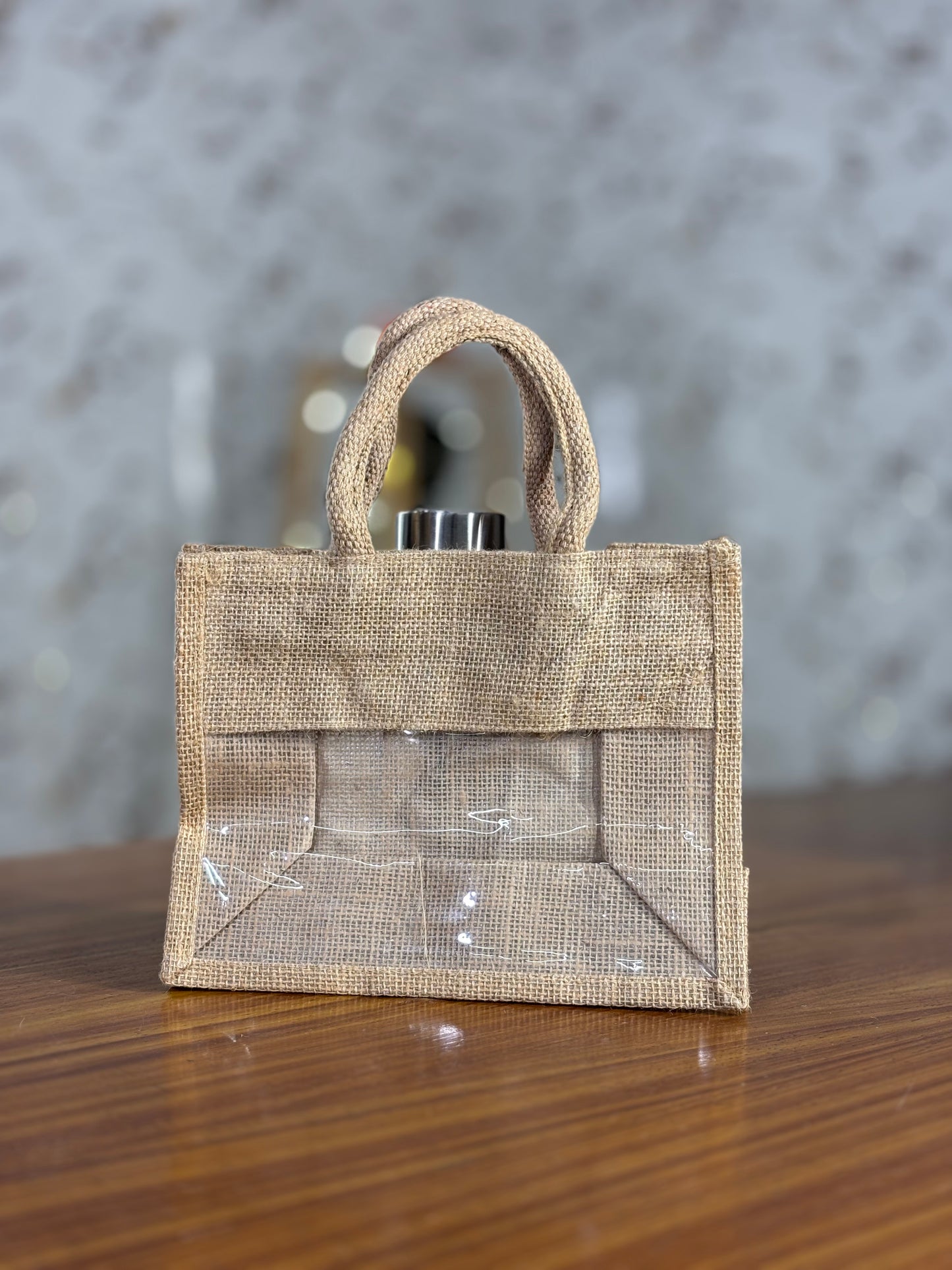 Plain Jute Bag with Transparent Window | Small Jute Return Gift Bag | Party Favor & Wedding Keepsake