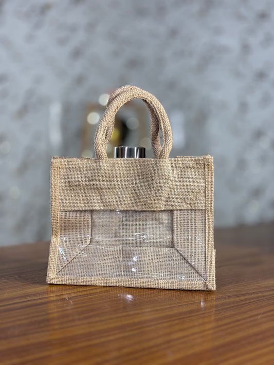 Plain Jute Bag with Transparent Window | Small Jute Return Gift Bag | Party Favor & Wedding Keepsake