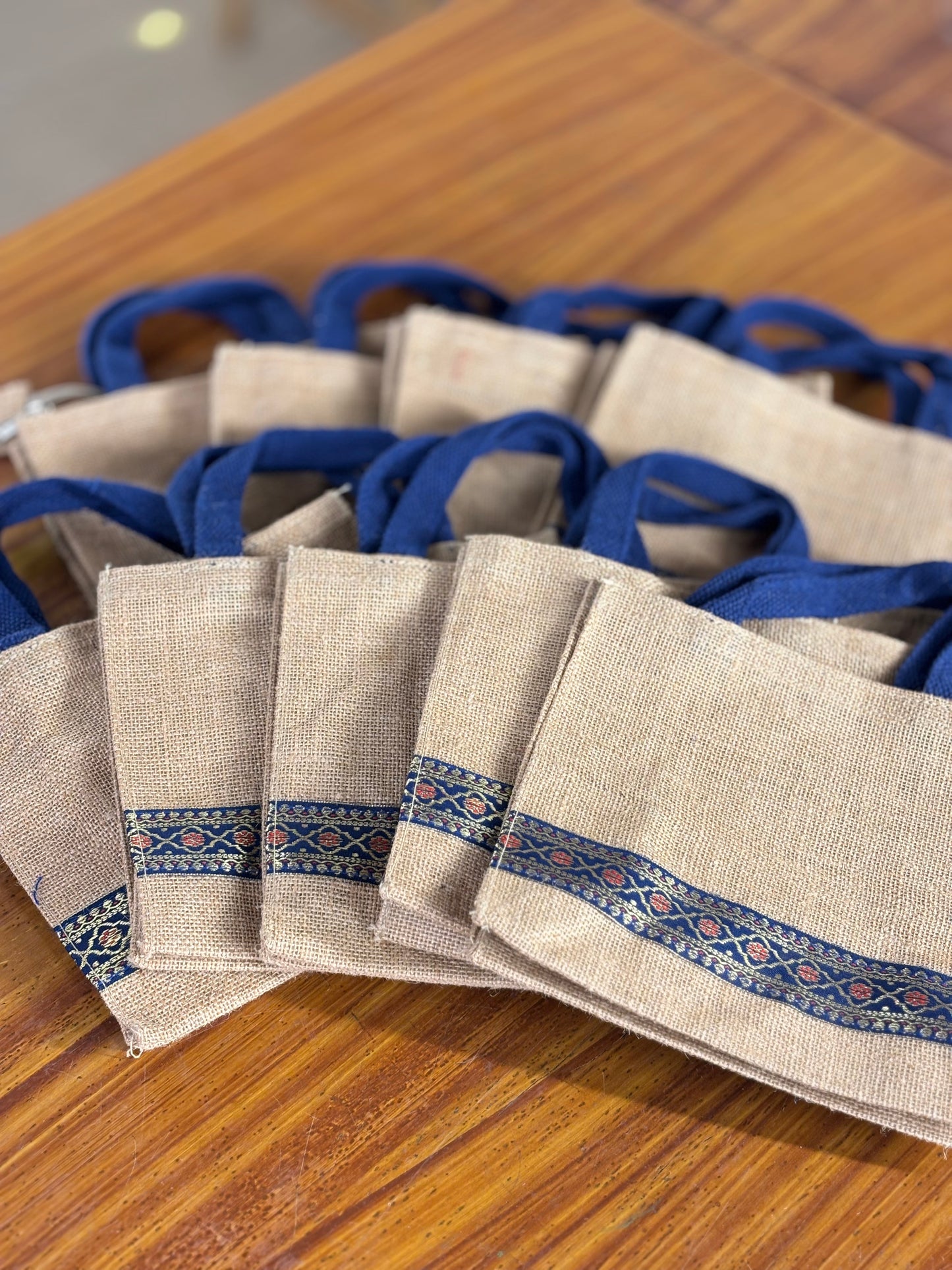Blue Handle Jute Bag | Printed Jute Return Gift Bag | Wedding & Event Favor
