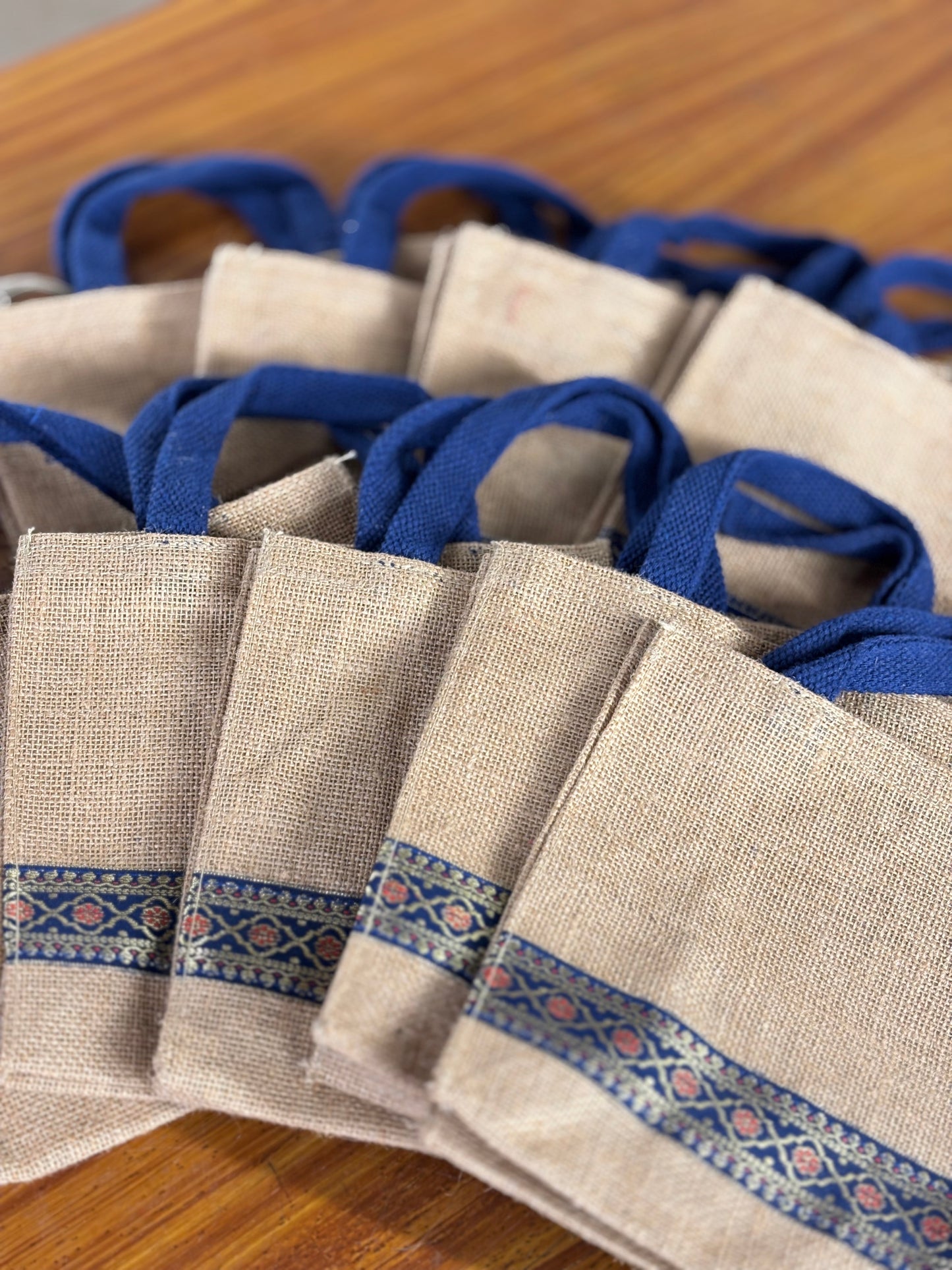 Blue Handle Jute Bag | Printed Jute Return Gift Bag | Wedding & Event Favor