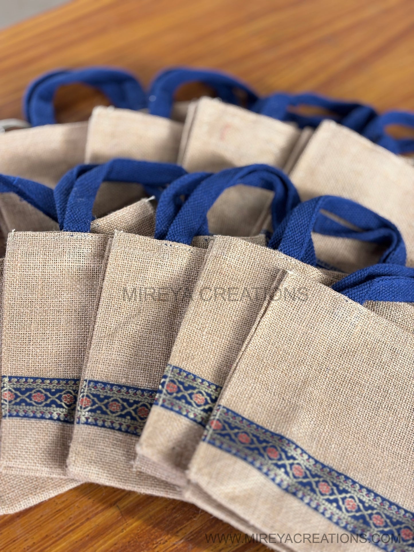 Blue Handle Jute Bag | Printed Jute Return Gift Bag | Wedding & Event Favor