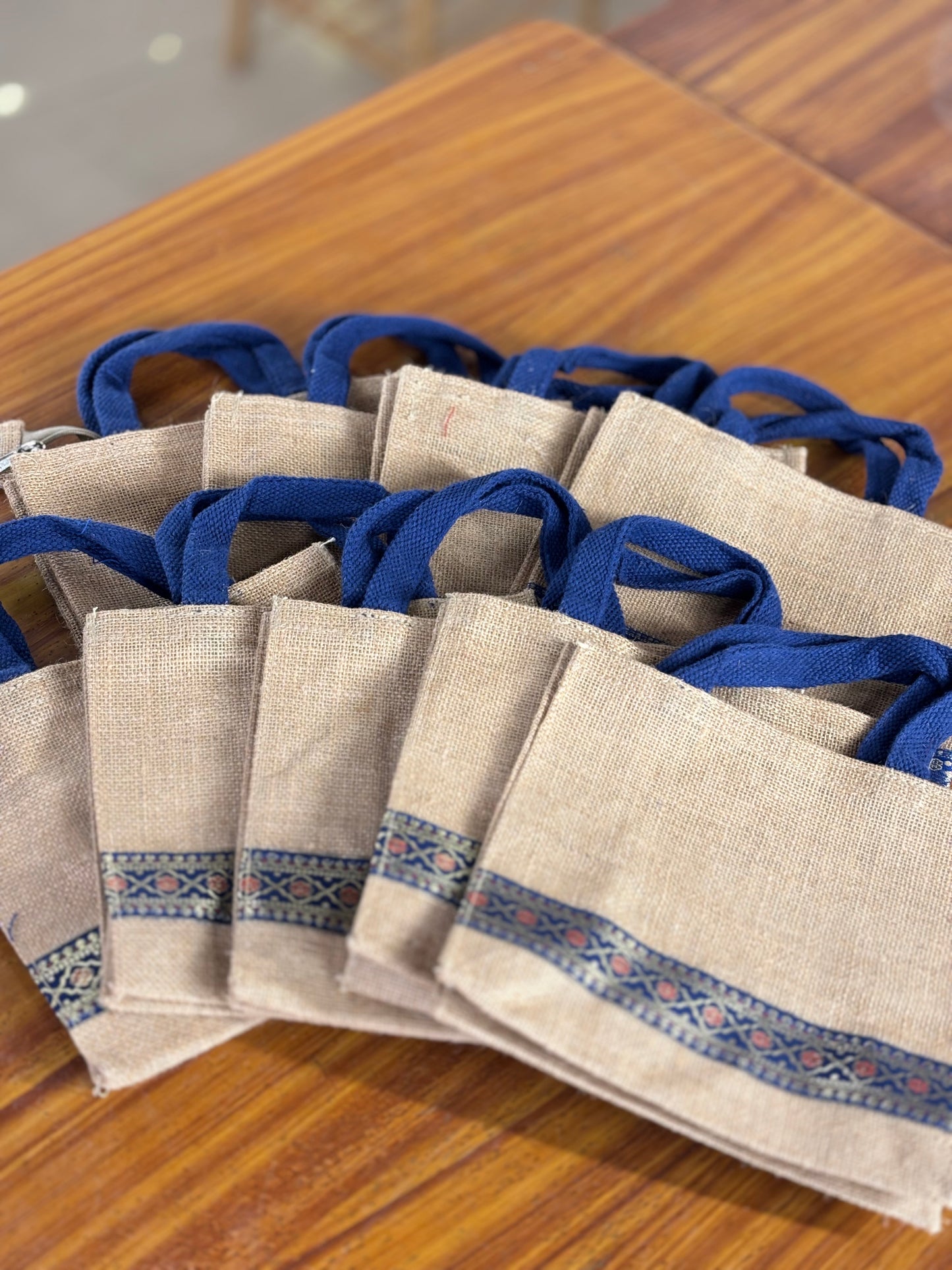 Blue Handle Jute Bag | Printed Jute Return Gift Bag | Wedding & Event Favor