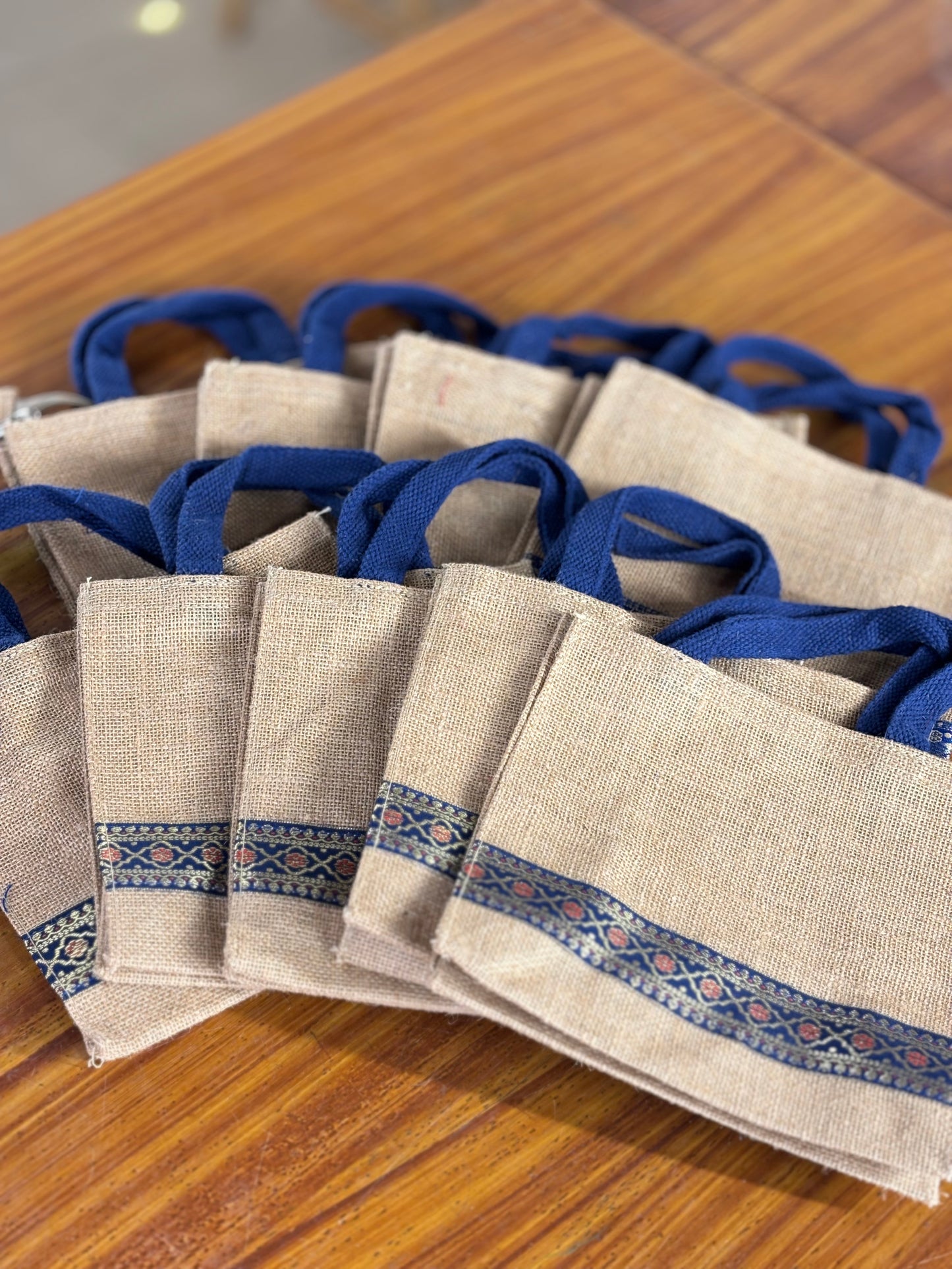Blue Handle Jute Bag | Printed Jute Return Gift Bag | Wedding & Event Favor