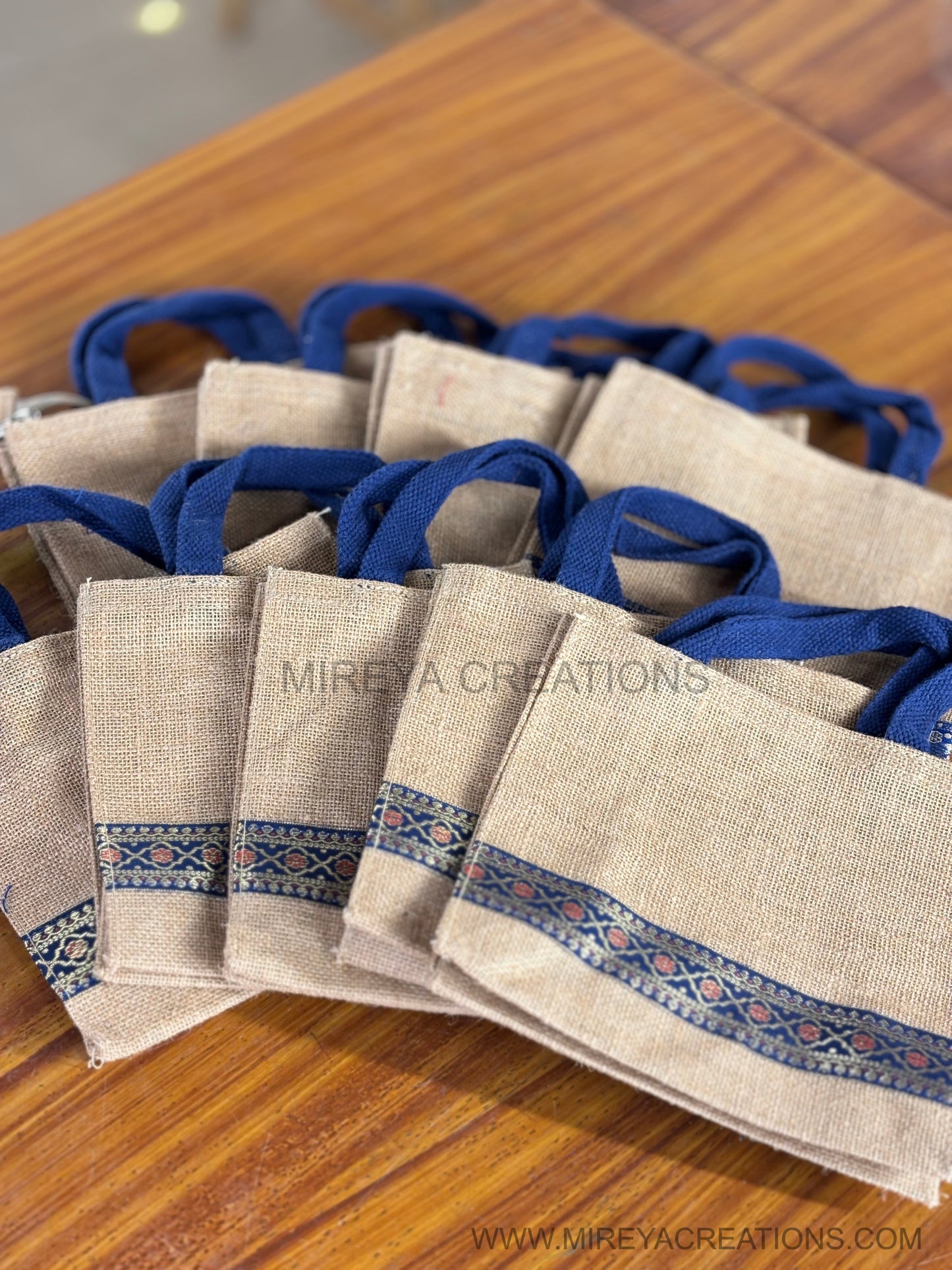 Blue Handle Jute Bag | Printed Jute Return Gift Bag | Wedding & Event Favor