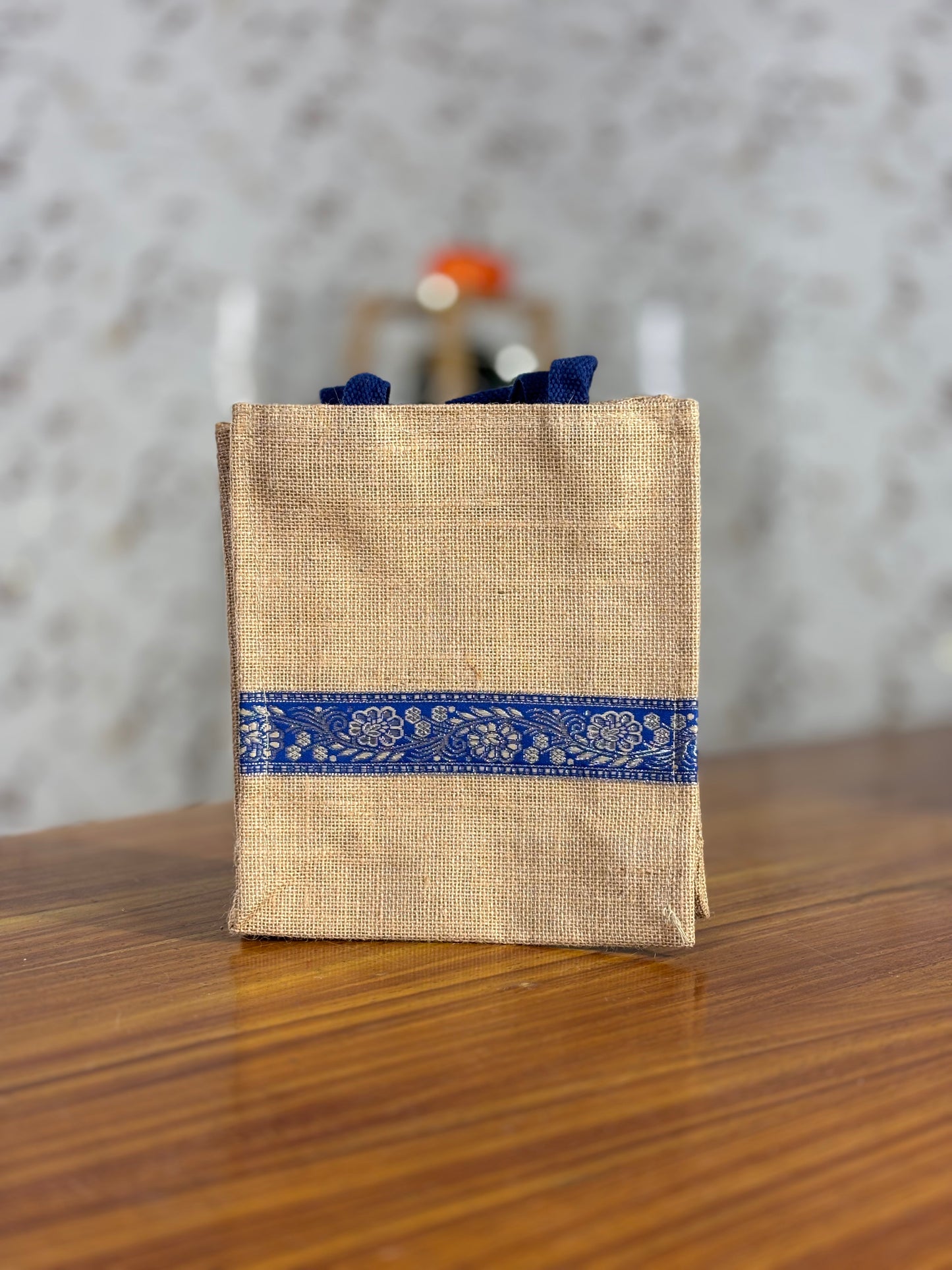 Blue Handle Jute Bag | Printed Jute Return Gift Bag | Wedding & Event Favor
