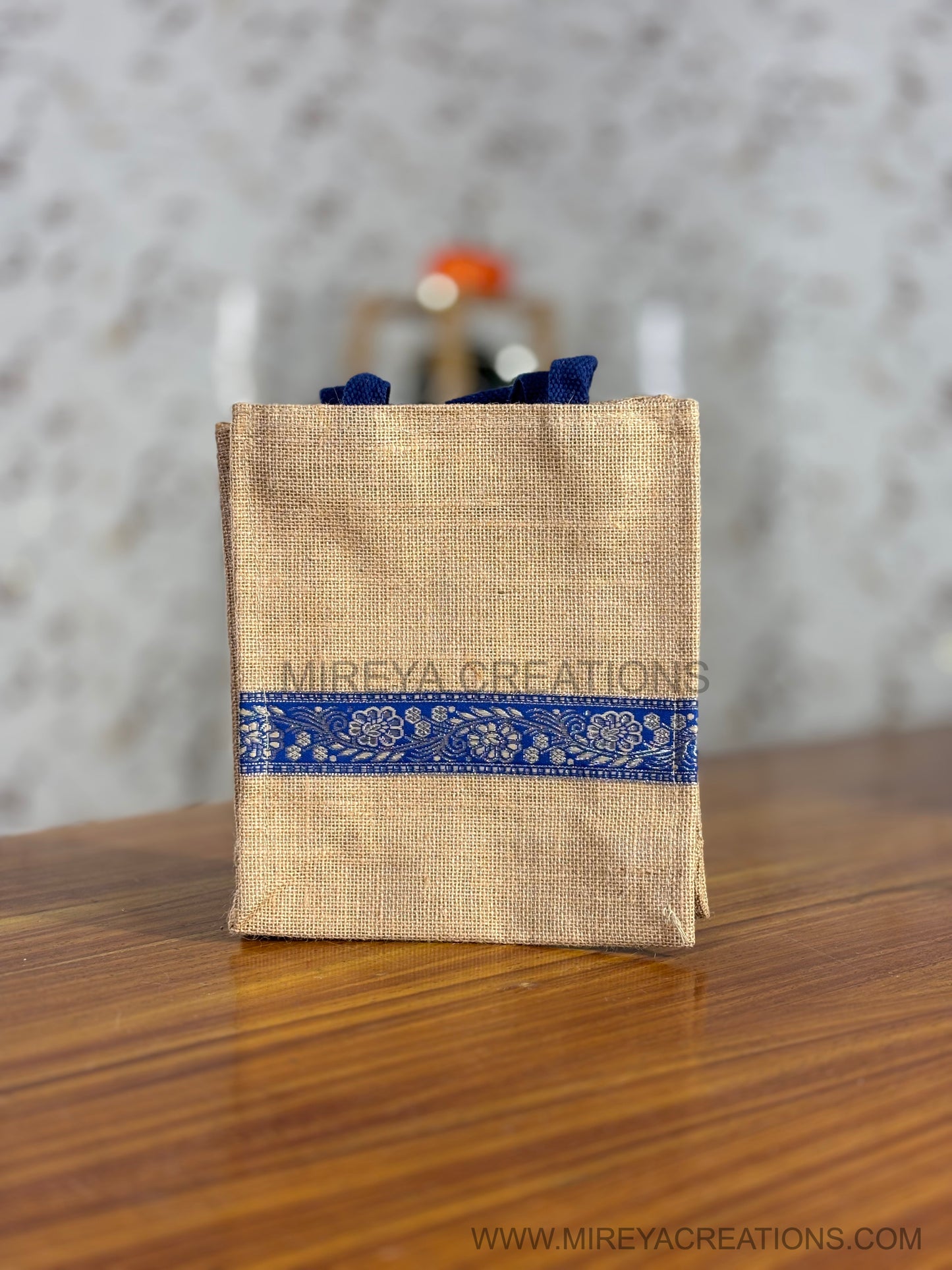Blue Handle Jute Bag | Printed Jute Return Gift Bag | Wedding & Event Favor