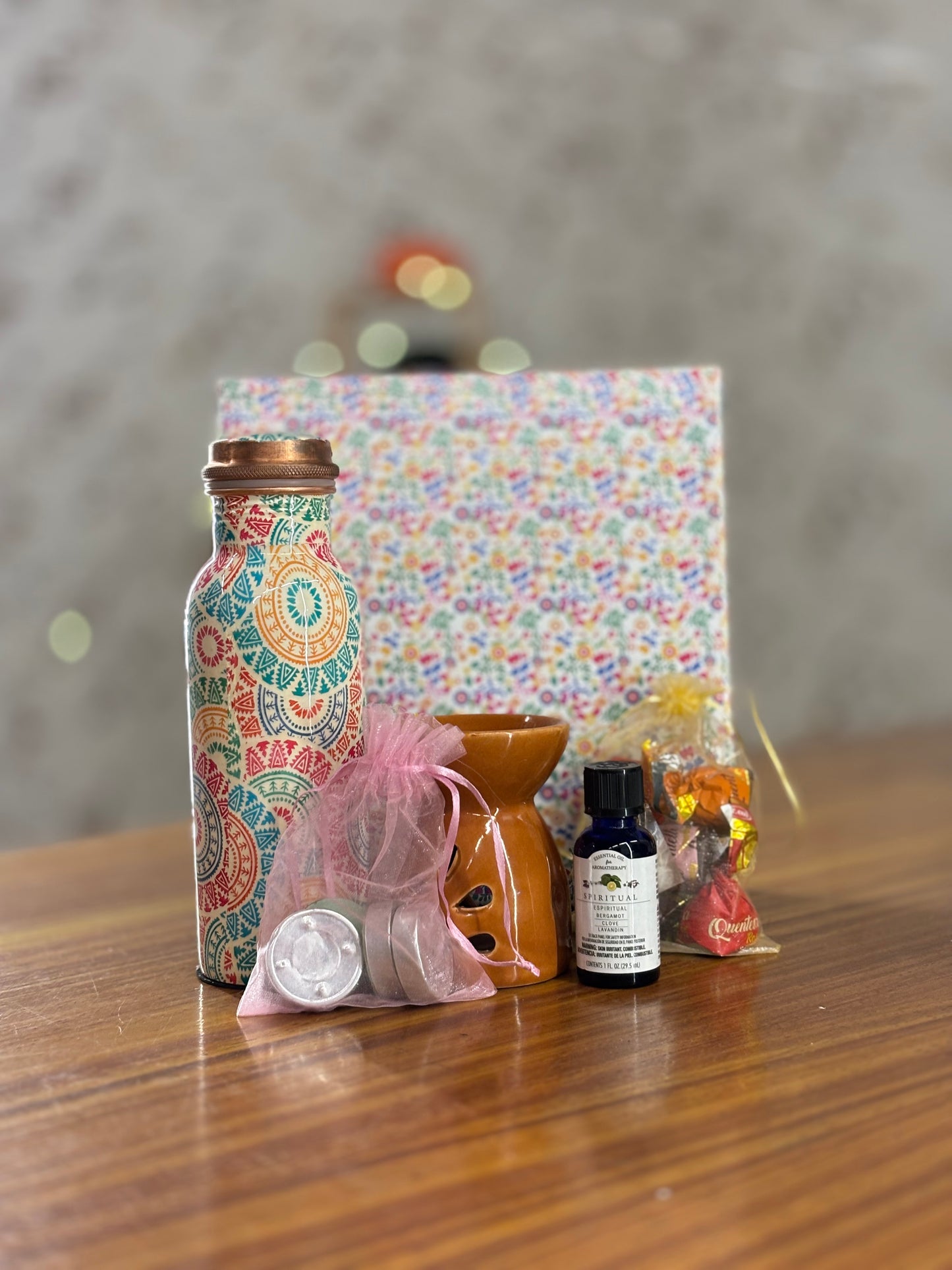 Printed Copper Bottle & Aroma Gift Set Return Gift | Ceramic Burner, Essential Oil, Tea Lights & Chocolates | Wedding & Housewarming Favor Under ₹1400
