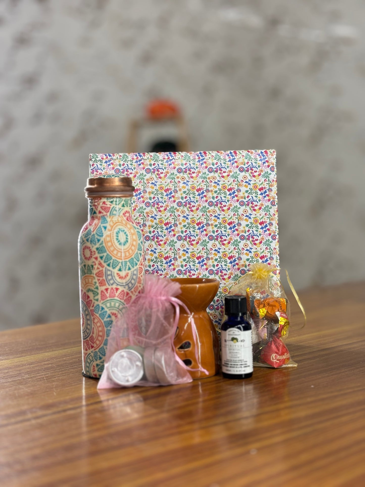 Printed Copper Bottle & Aroma Gift Set Return Gift | Ceramic Burner, Essential Oil, Tea Lights & Chocolates | Wedding & Housewarming Favor Under ₹1400