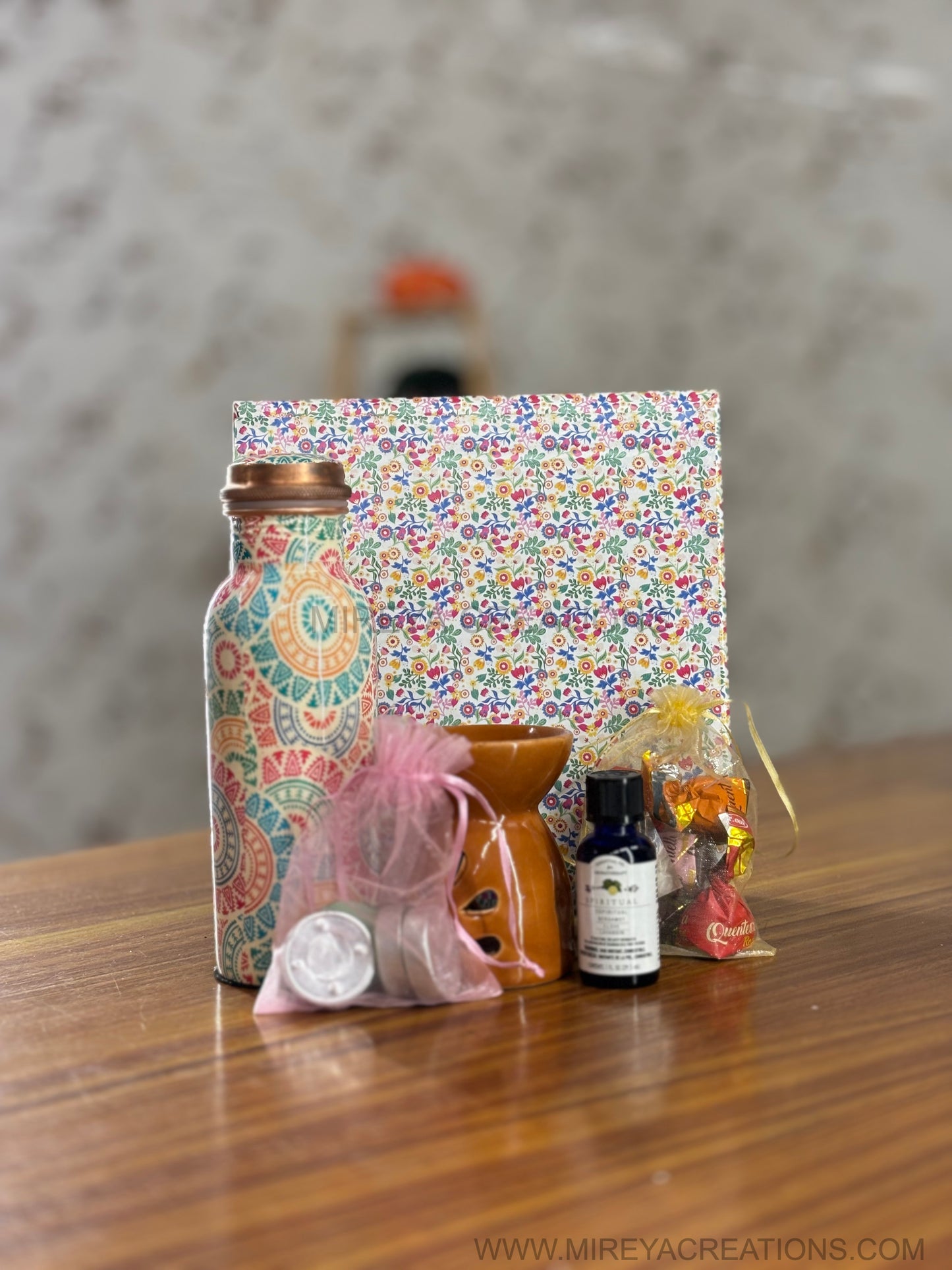 Printed Copper Bottle & Aroma Gift Set Return Gift | Ceramic Burner, Essential Oil, Tea Lights & Chocolates | Wedding & Housewarming Favor Under ₹1500