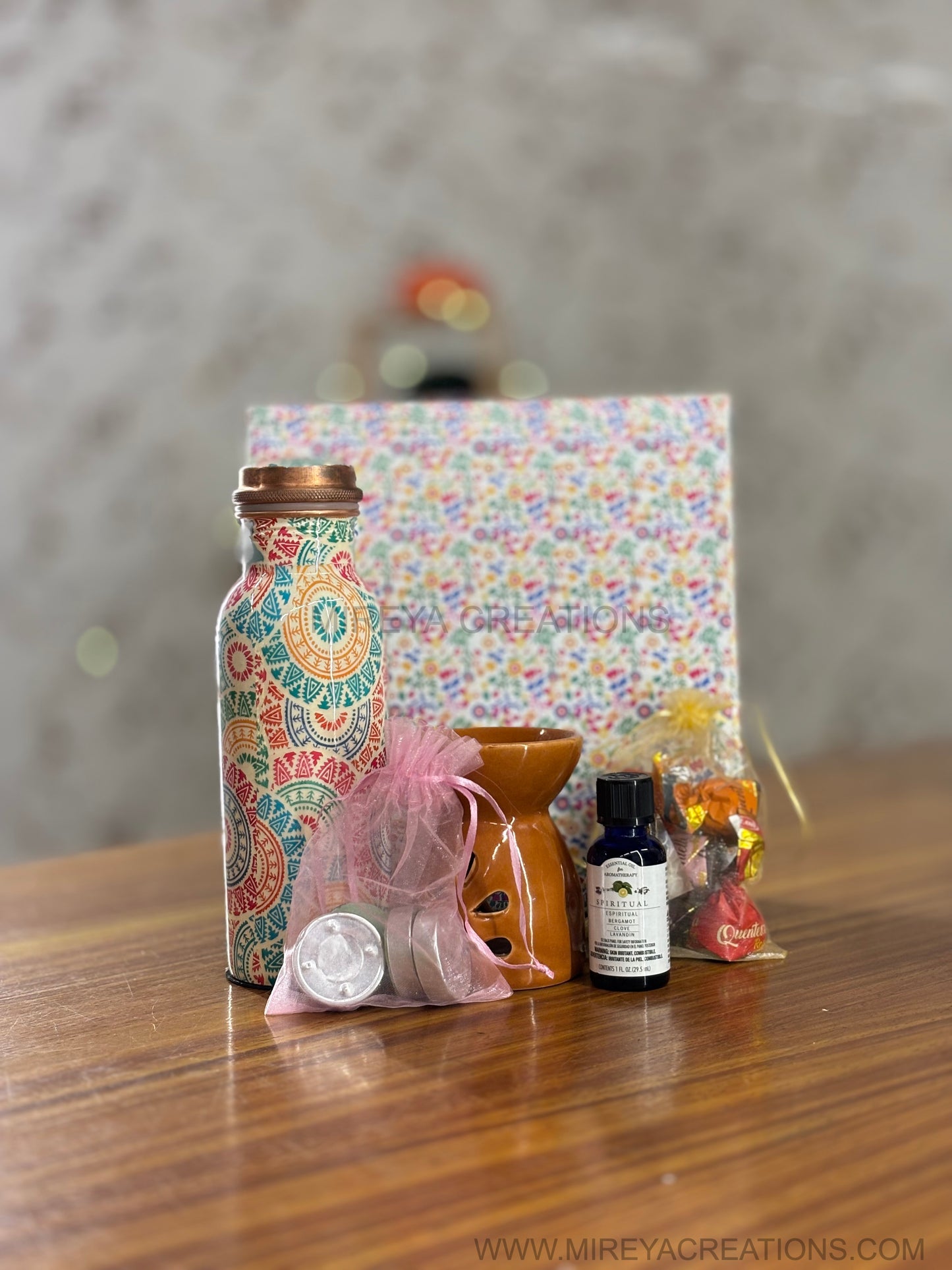 Printed Copper Bottle & Aroma Gift Set Return Gift | Ceramic Burner, Essential Oil, Tea Lights & Chocolates | Wedding & Housewarming Favor Under ₹1500