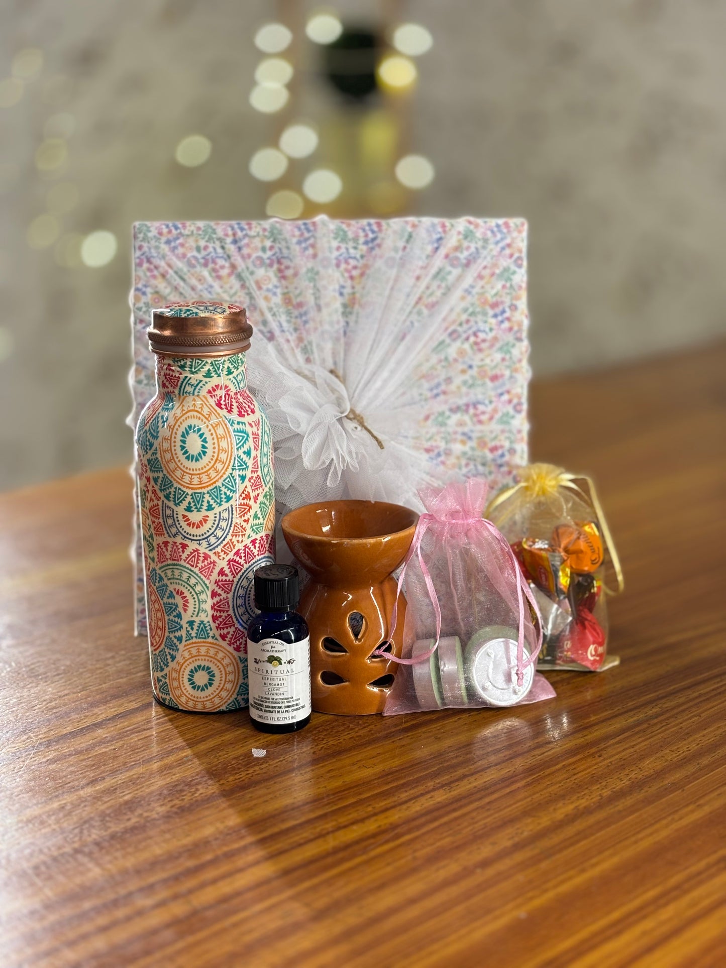 Printed Copper Bottle & Aroma Gift Set Return Gift | Ceramic Burner, Essential Oil, Tea Lights & Chocolates | Wedding & Housewarming Favor Under ₹1400