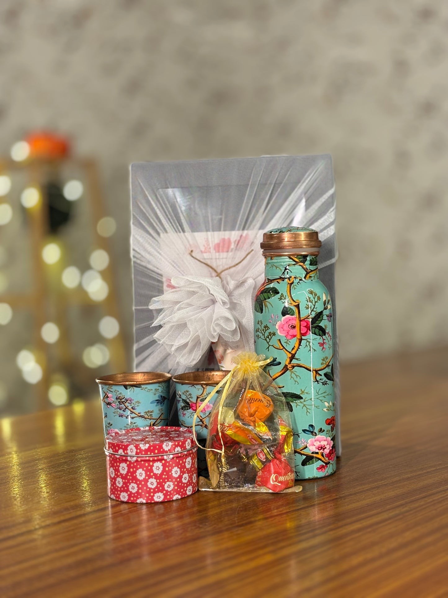 Printed Copper Bottle & Glasses Gift Set Return Gift | Tin Candle & Chocolates Combo | Wedding & Festive Favor Under ₹1400