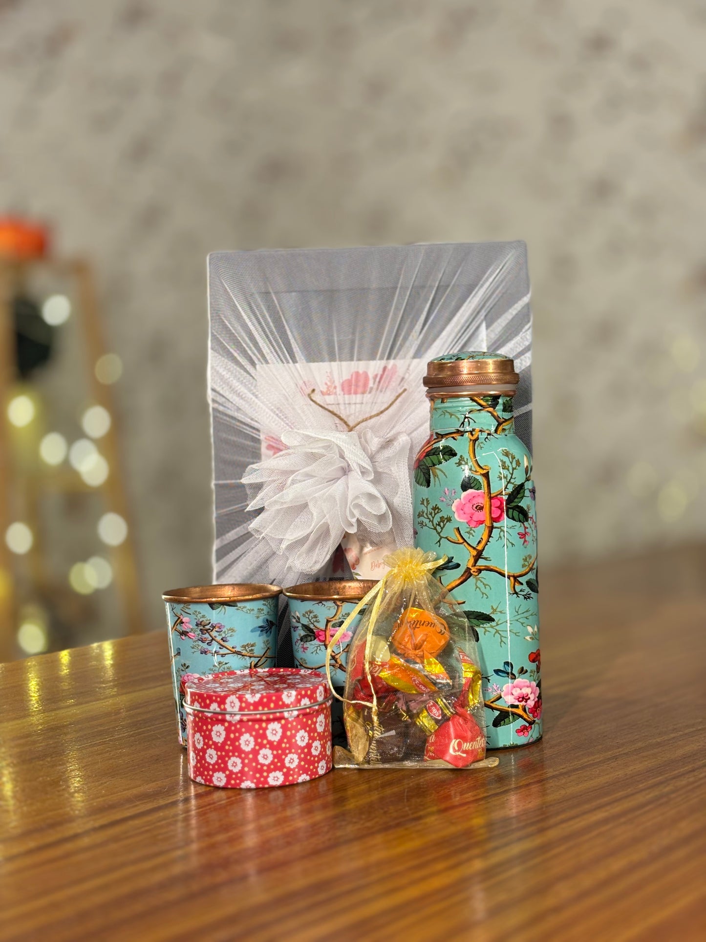 Printed Copper Bottle & Glasses Gift Set Return Gift | Tin Candle & Chocolates Combo | Wedding & Festive Favor Under ₹1400