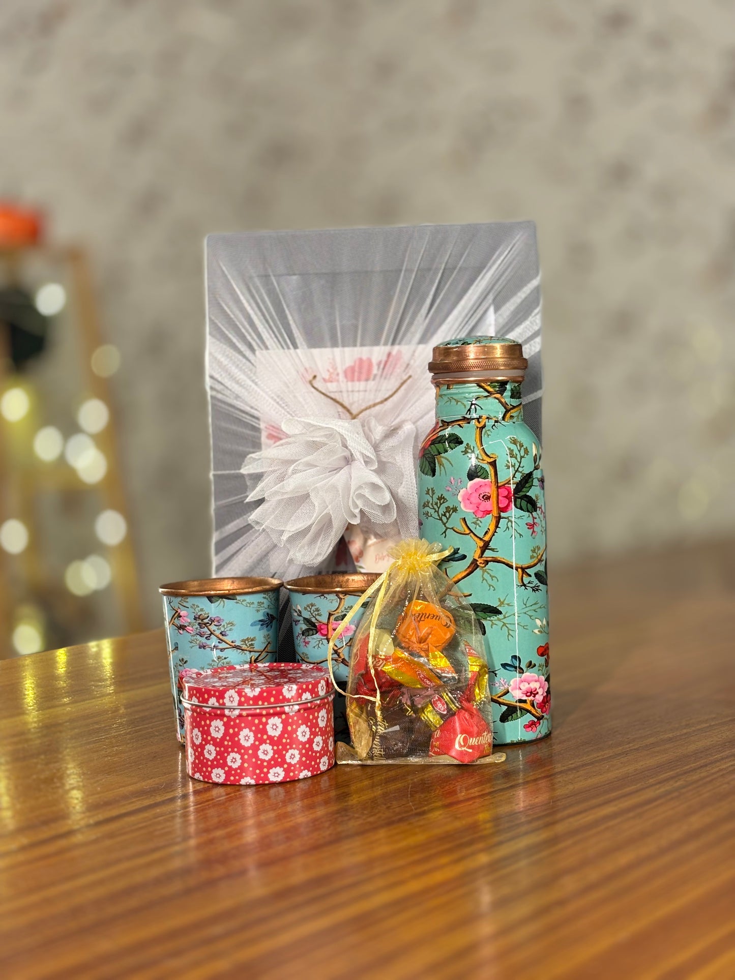 Printed Copper Bottle & Glasses Gift Set Return Gift | Tin Candle & Chocolates Combo | Wedding & Festive Favor Under ₹1400