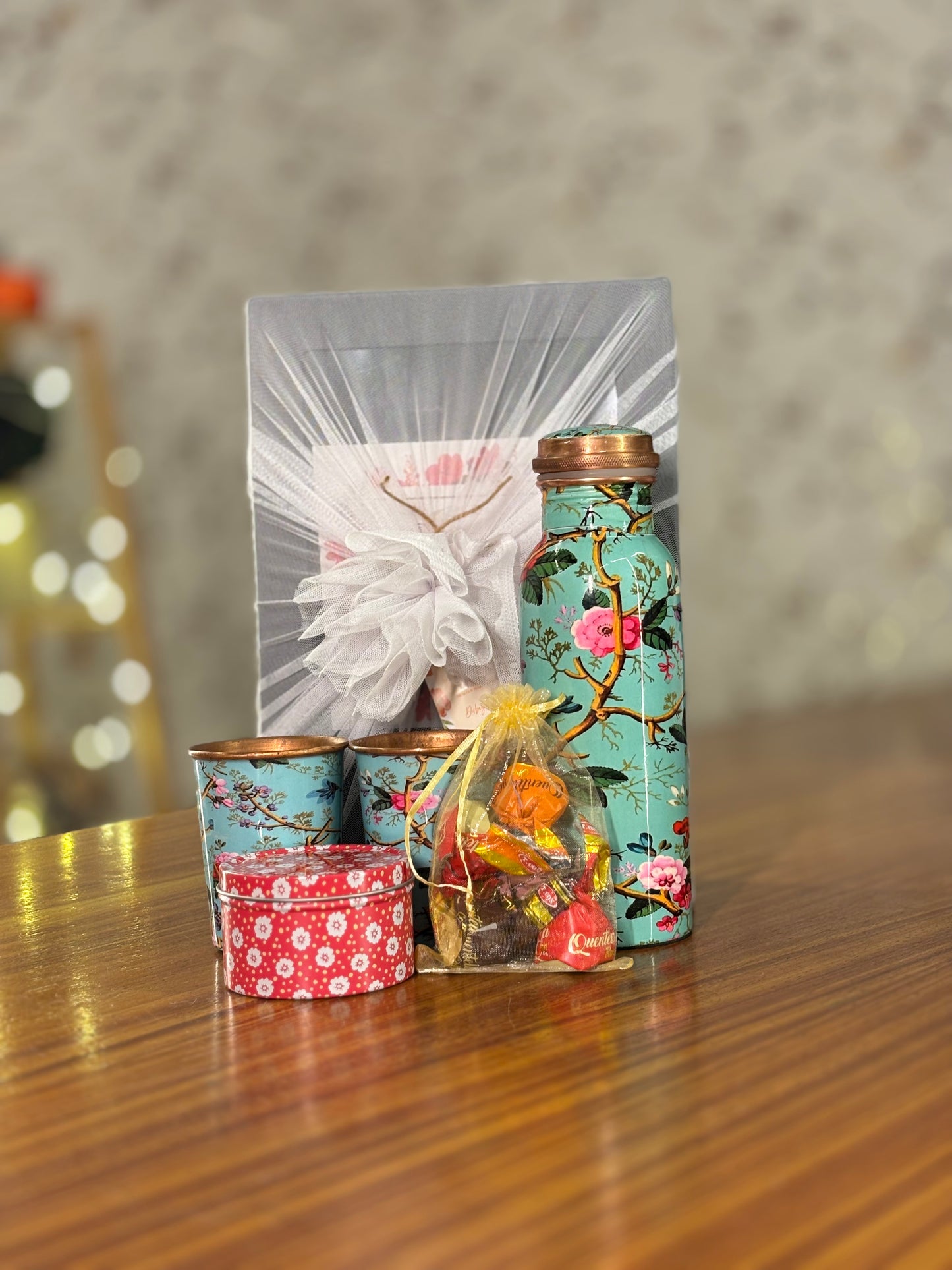 Printed Copper Bottle & Glasses Gift Set Return Gift | Tin Candle & Chocolates Combo | Wedding & Festive Favor Under ₹1400