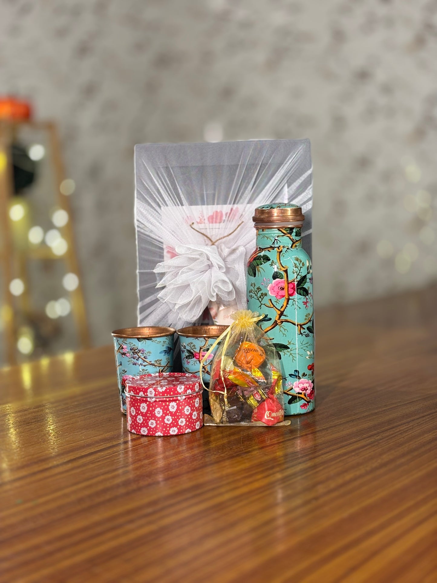 Printed Copper Bottle & Glasses Gift Set Return Gift | Tin Candle & Chocolates Combo | Wedding & Festive Favor Under ₹1400
