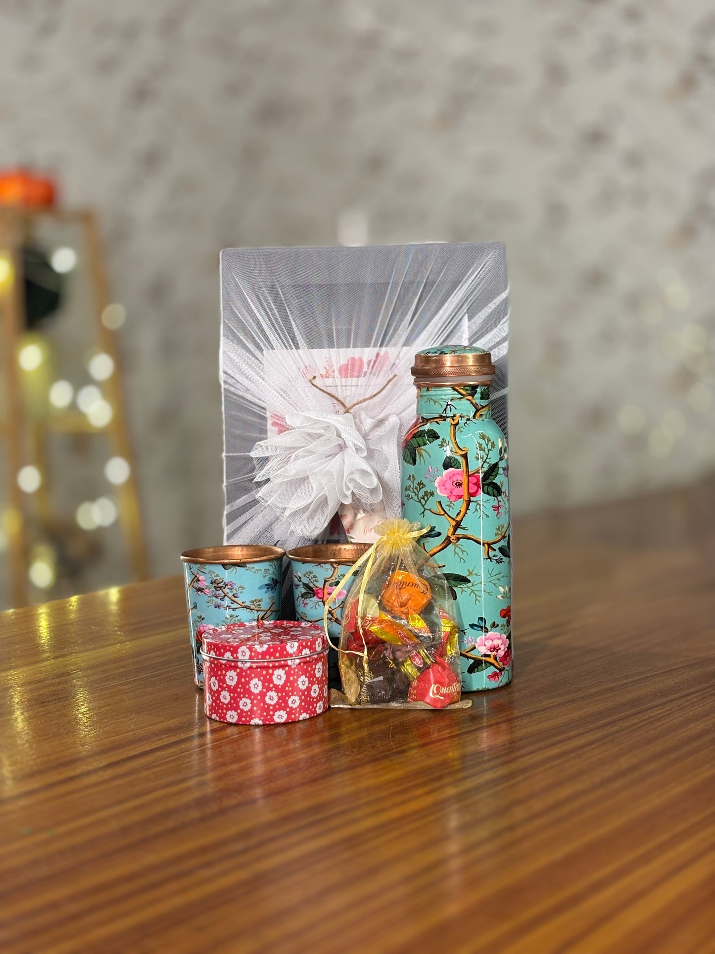 Printed Copper Bottle & Glasses Gift Set Return Gift | Tin Candle & Chocolates Combo | Wedding & Festive Favor Under ₹1400