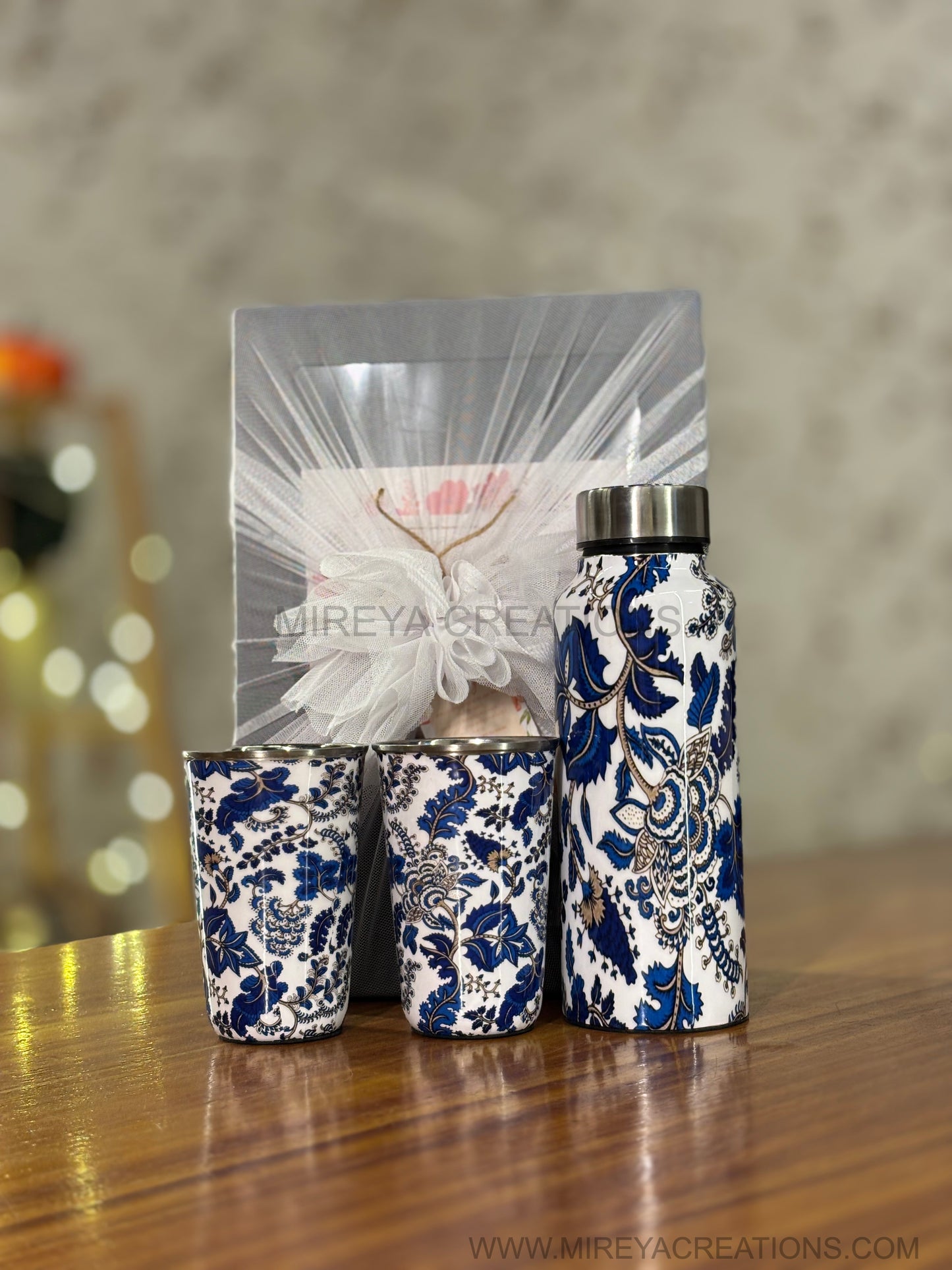 Printed Steel Bottle & Glasses Return Gift | Premium Printed Drinkware Set | Wedding & Housewarming Favor Under ₹1000