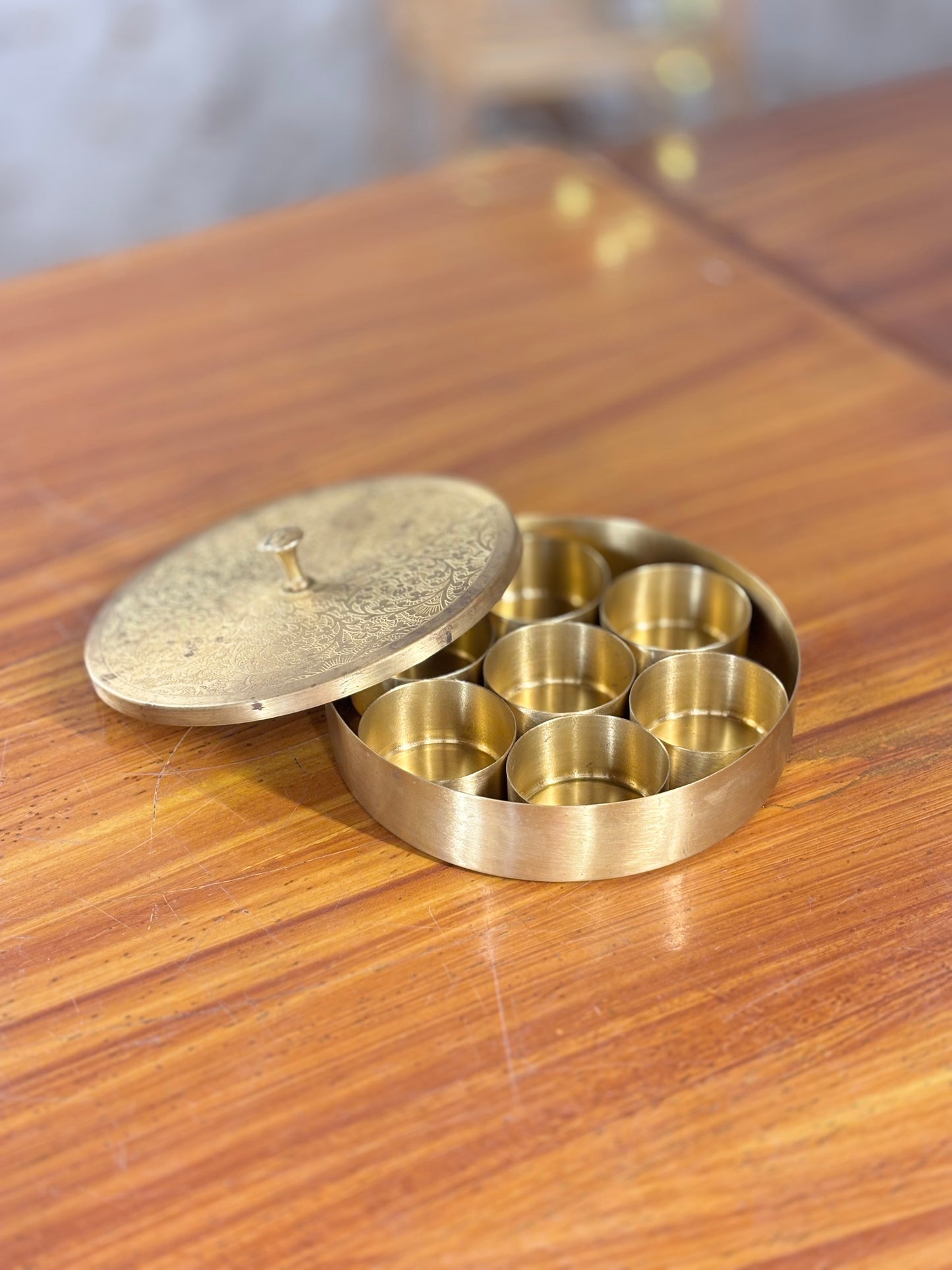 6 Inch Brass Spice Box Return Gift | Traditional Brass Masala Box | Wedding & Home Favor Under ₹1000