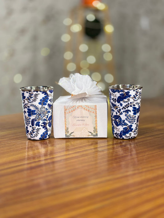 Printed Steel Glass Set Return Gift | Set of 2 Stainless Steel Glasses | Wedding & Housewarming Favor Under ₹500