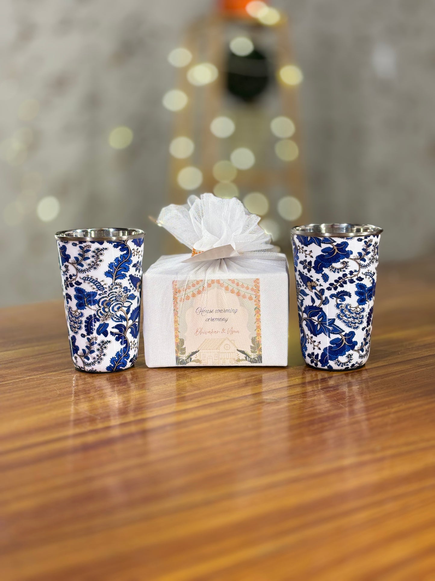 Printed Steel Glass Set Return Gift | Set of 2 Stainless Steel Glasses | Wedding & Housewarming Favor Under ₹500